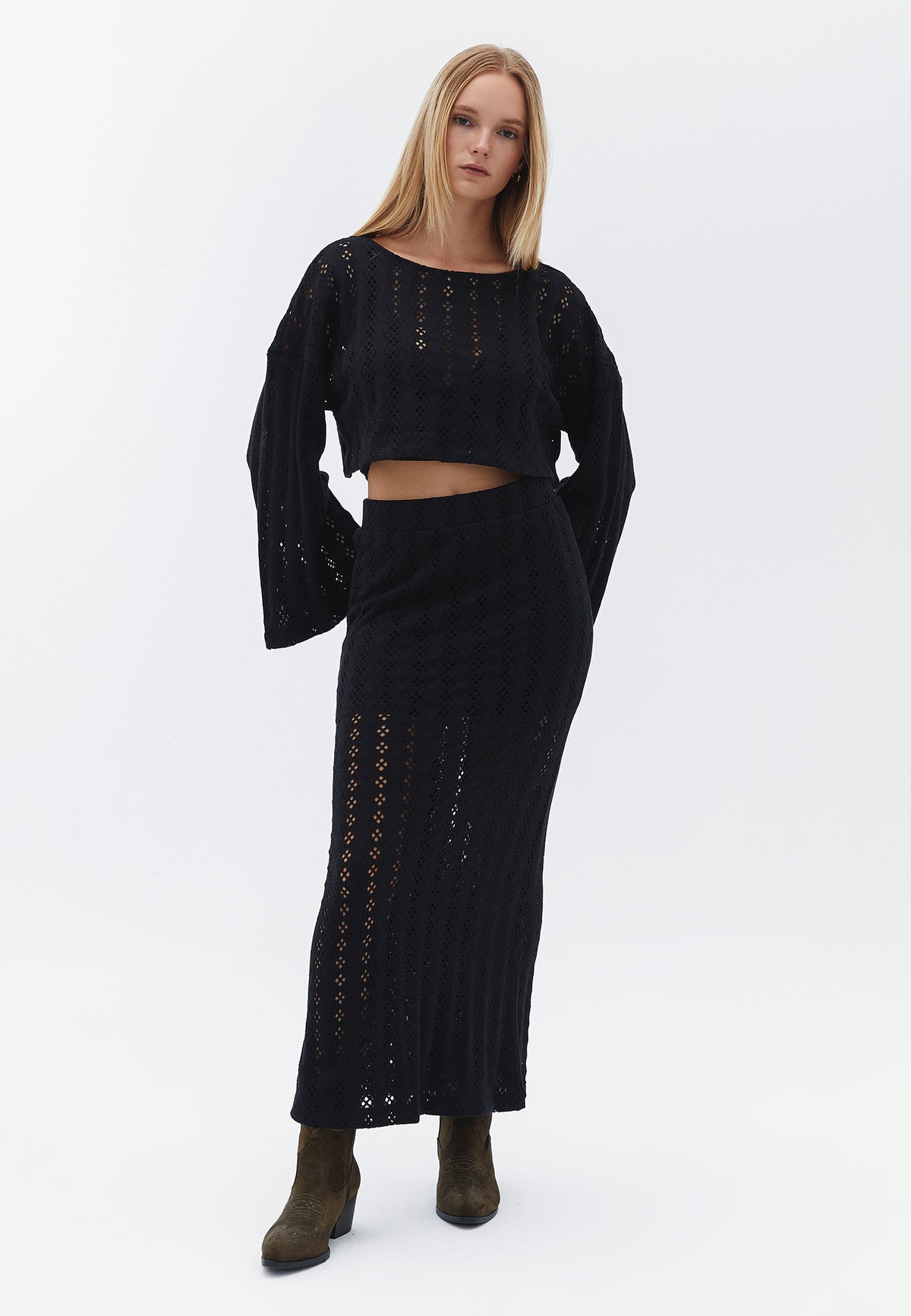 Long Sleeve Cotton Blouse - BLACK