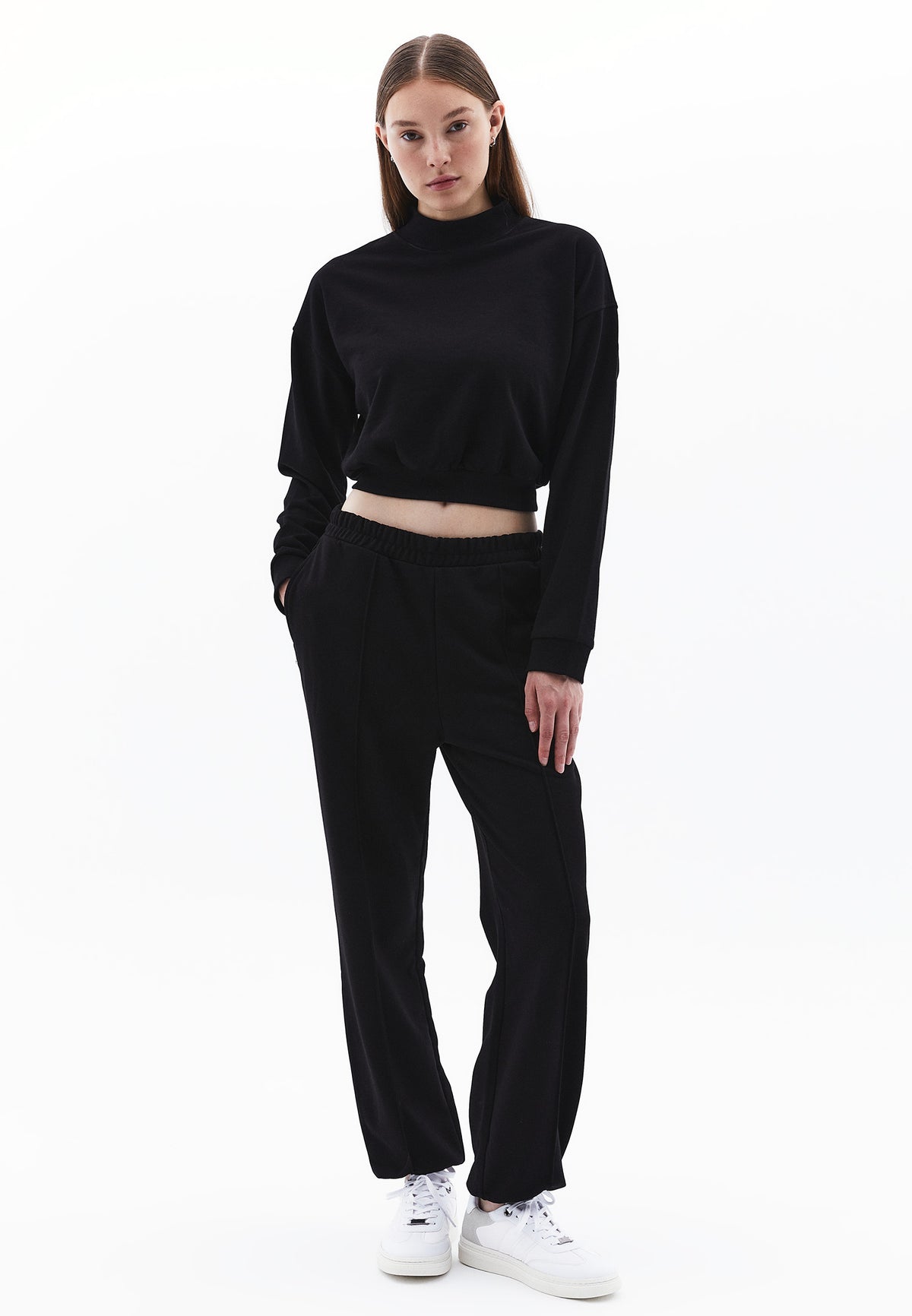 High Neck Long Sleeve Cropped Sweatshirt - BLACK