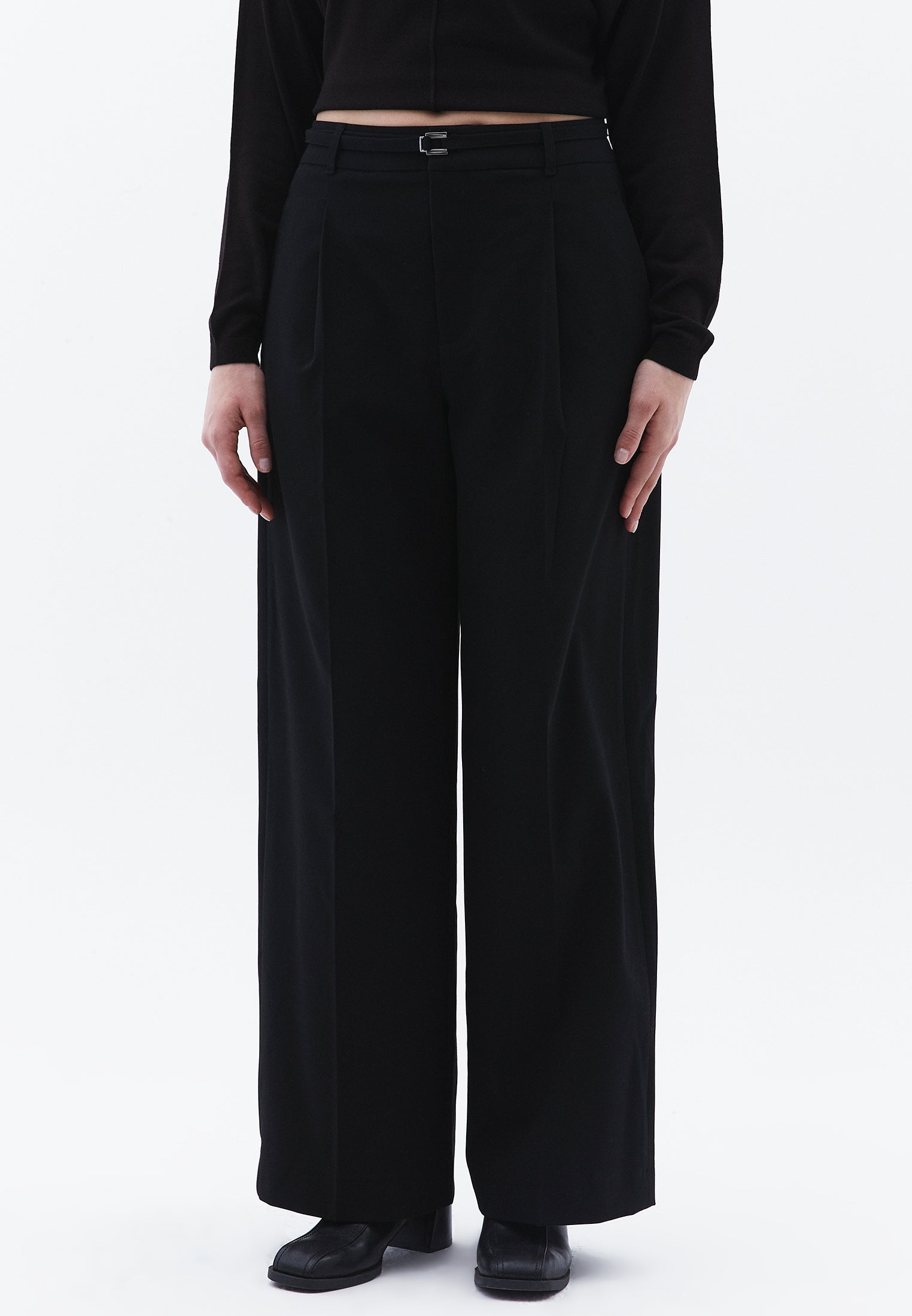 Straight Pants With Belt Detail - BLACK
