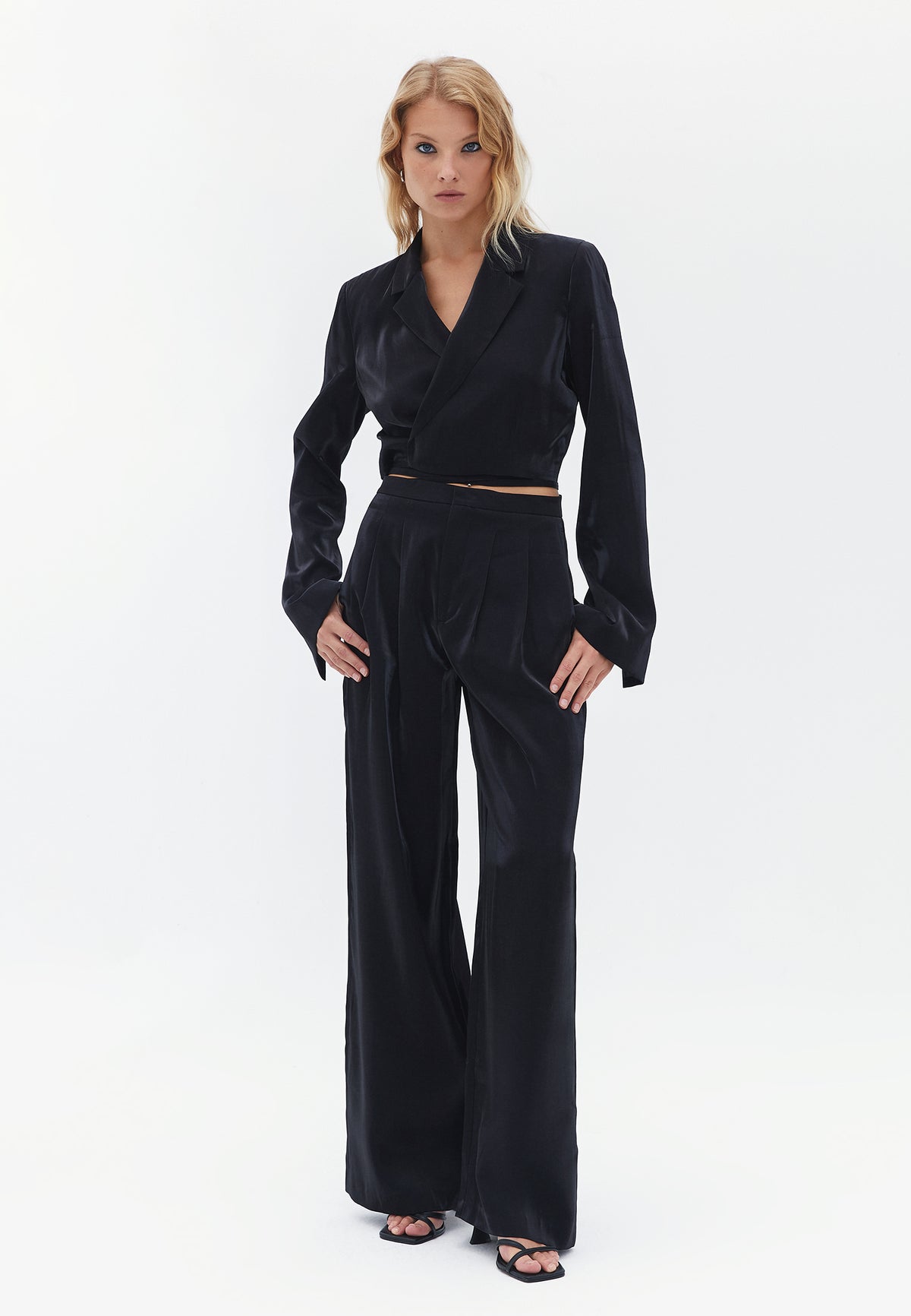 Double Breasted Collar Crop Satin Jacket - BLACK
