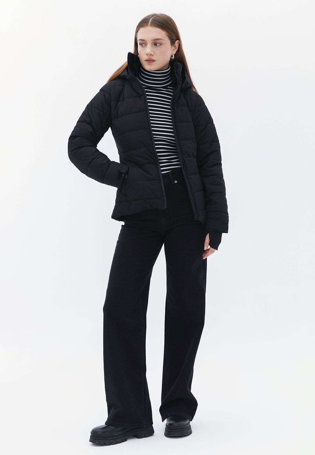High Neck Long Sleeve Jacket - BLACK