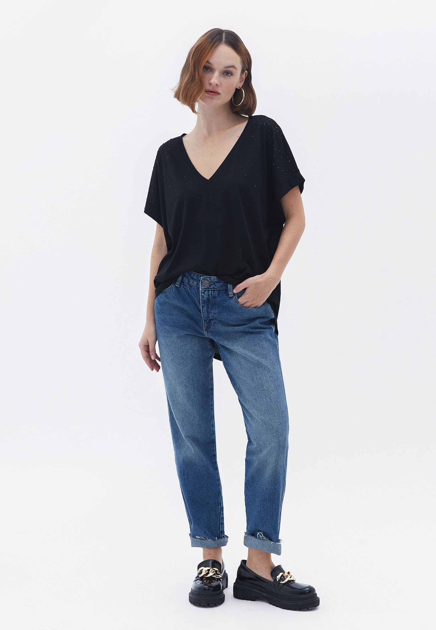 Stone Detailed Oversize Tunic T-Shirt - BLACK