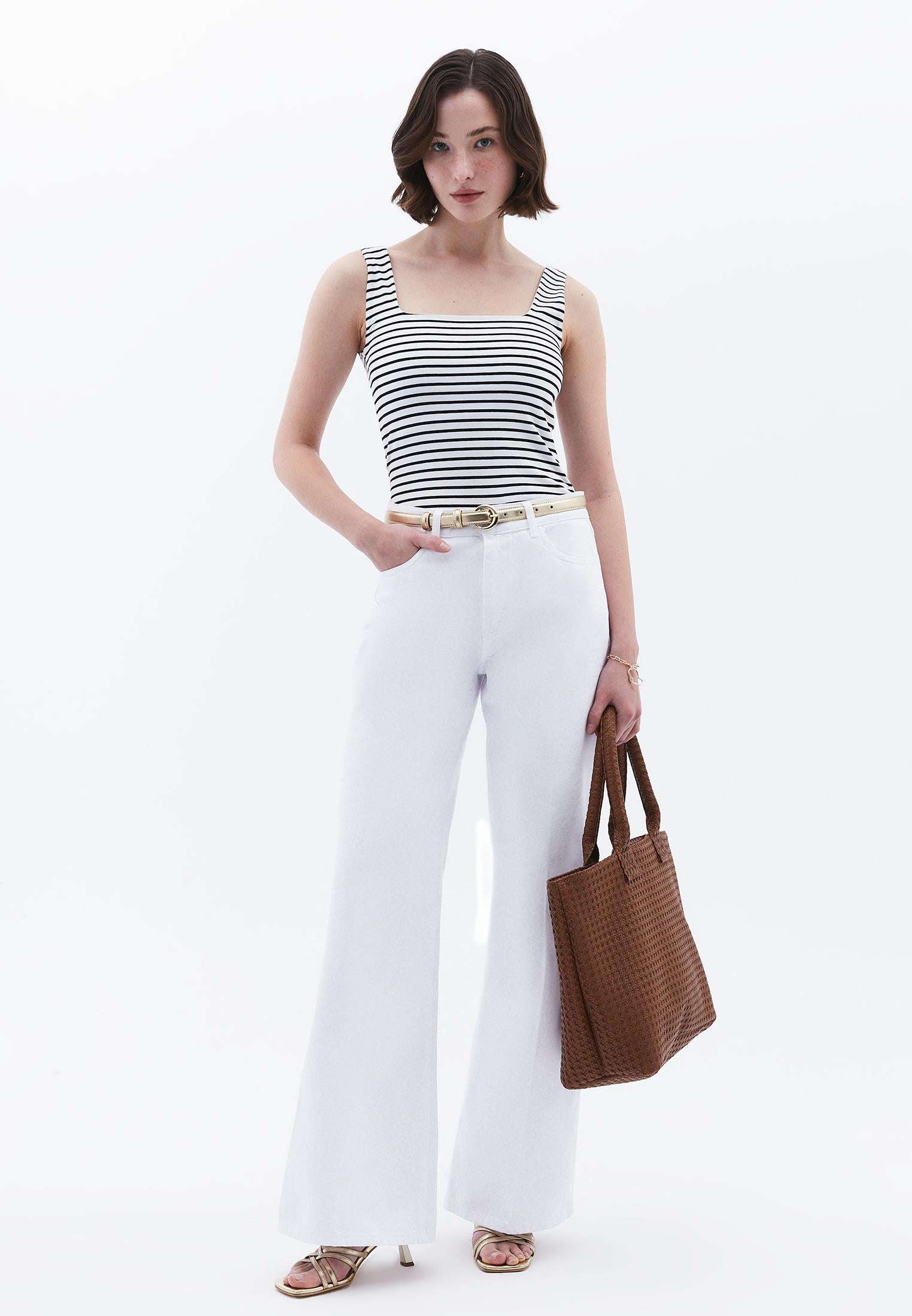 Square Neck Tank Top - WHITE/BLACK