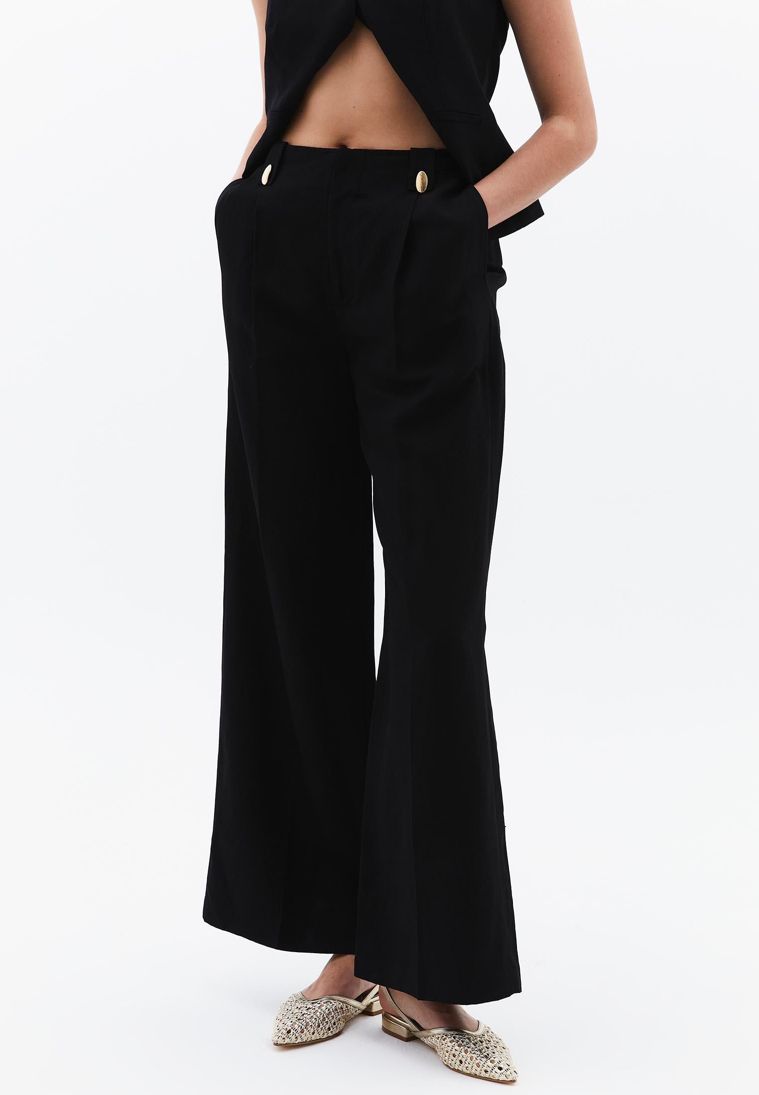 Wide Leg High Waist Button Detailed Pants - BLACK