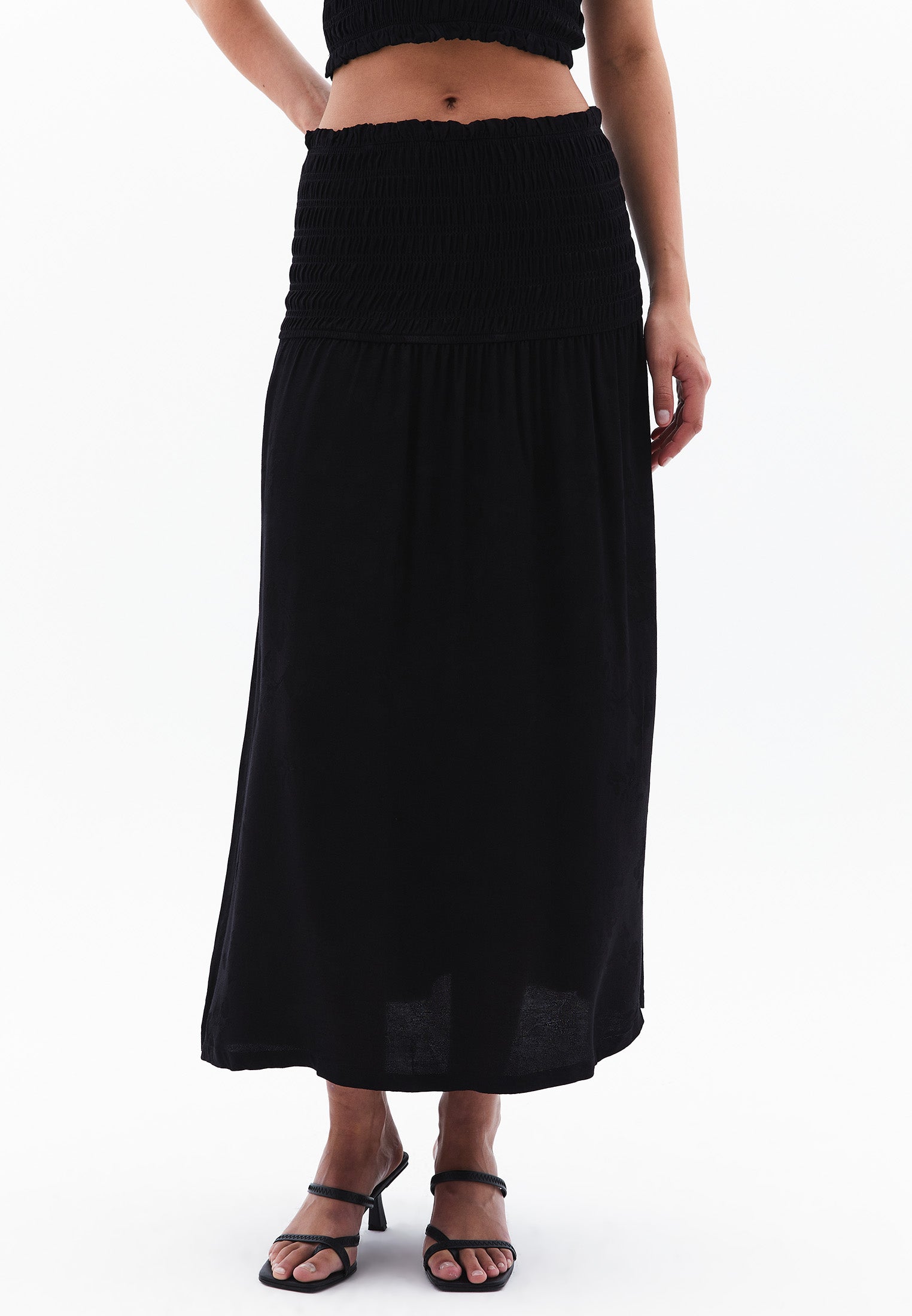 Flared Long High Waist Woven Skirt With Shirred Waist - BLACK
