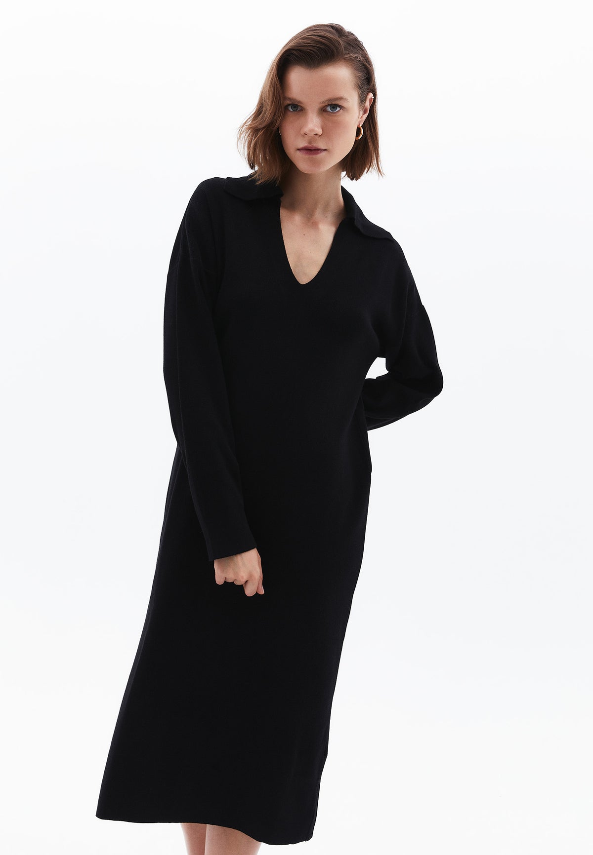 Comfortable Long Polo Collar Dress - BLACK