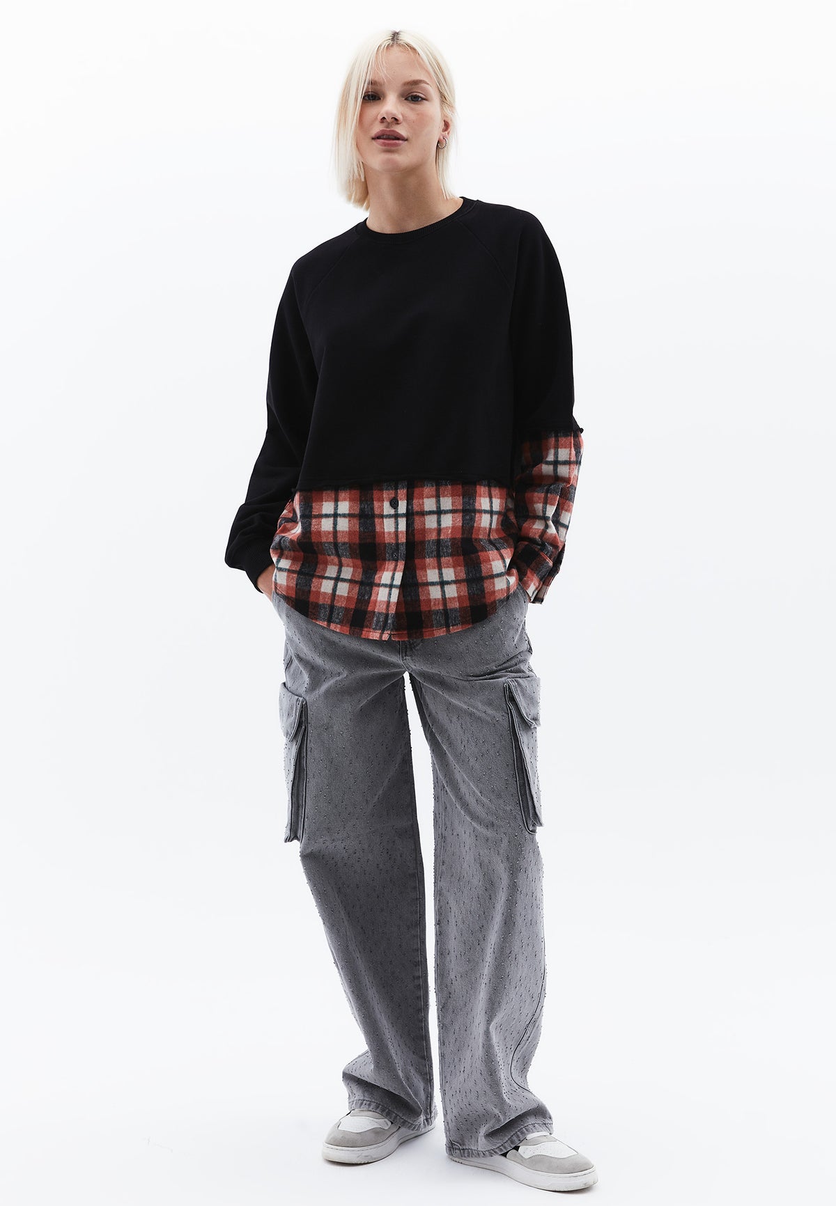 Oversize Asymmetric Plaid Sweat Tunic - BLACK