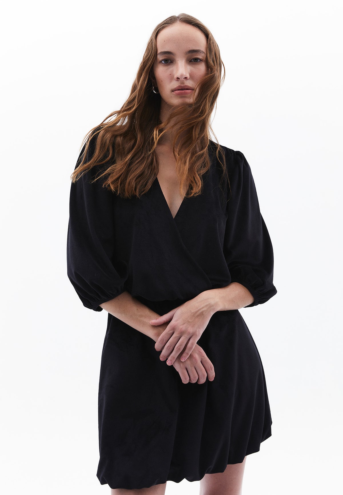 Deep V Neck Balloon Sleeve Short Dress - BLACK