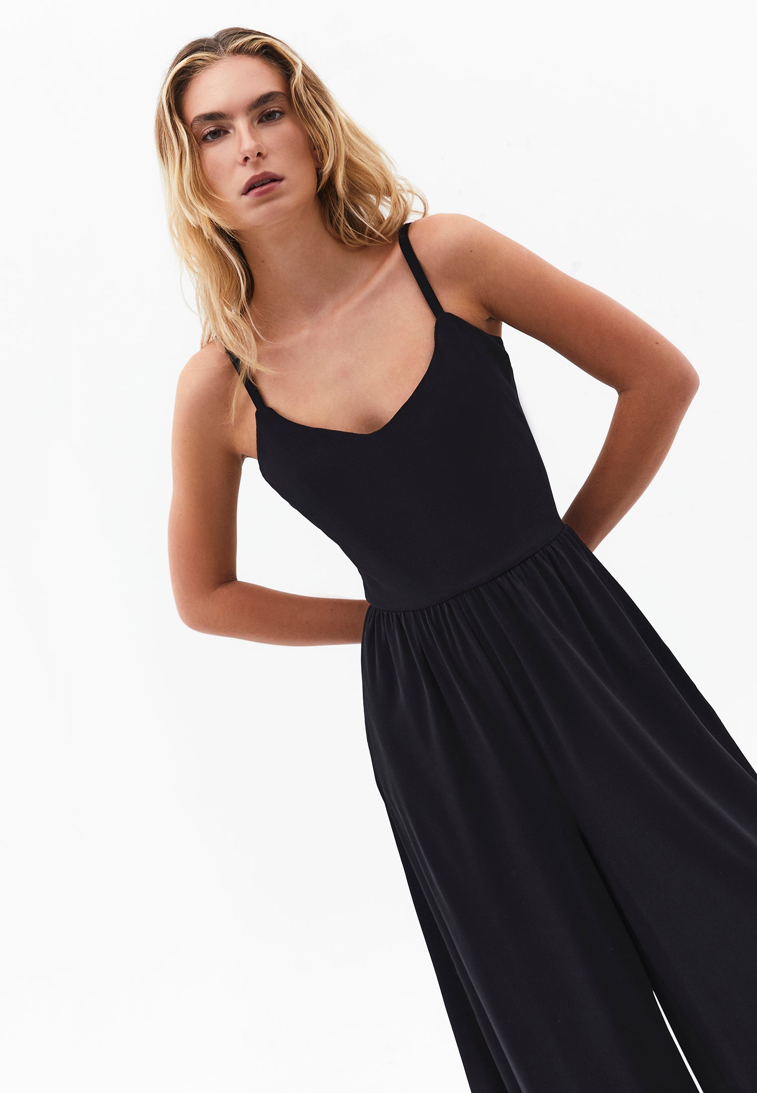 V Neck Long Jumpsuit - BLACK