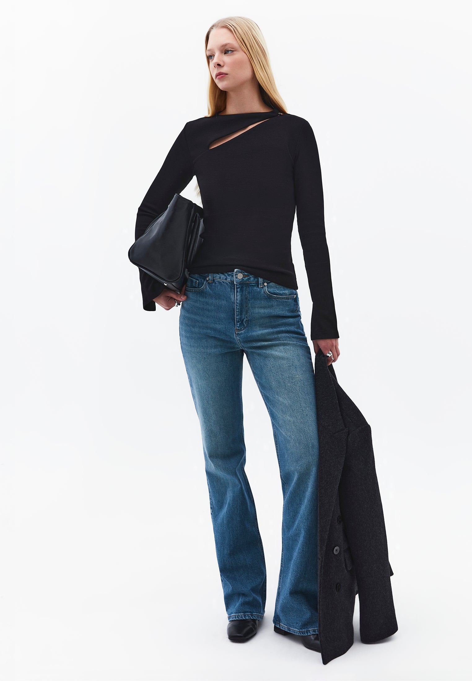 Asymmetric Cutout Long Sleeve Bodycon T-Shirt - BLACK
