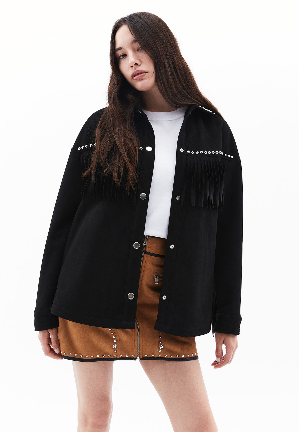 Shirt Collar Jacket With Fringe Detail - BLACK