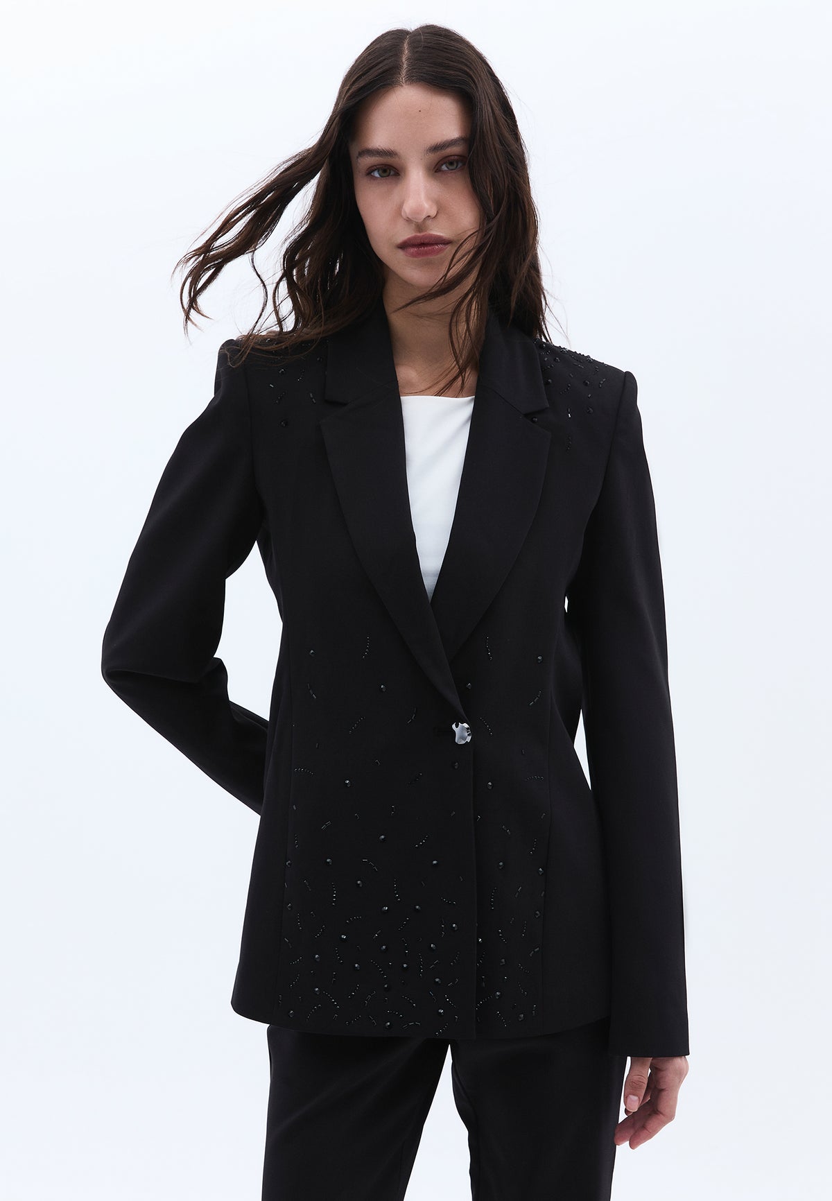 Shawl Collar Woven Blazer - BLACK
