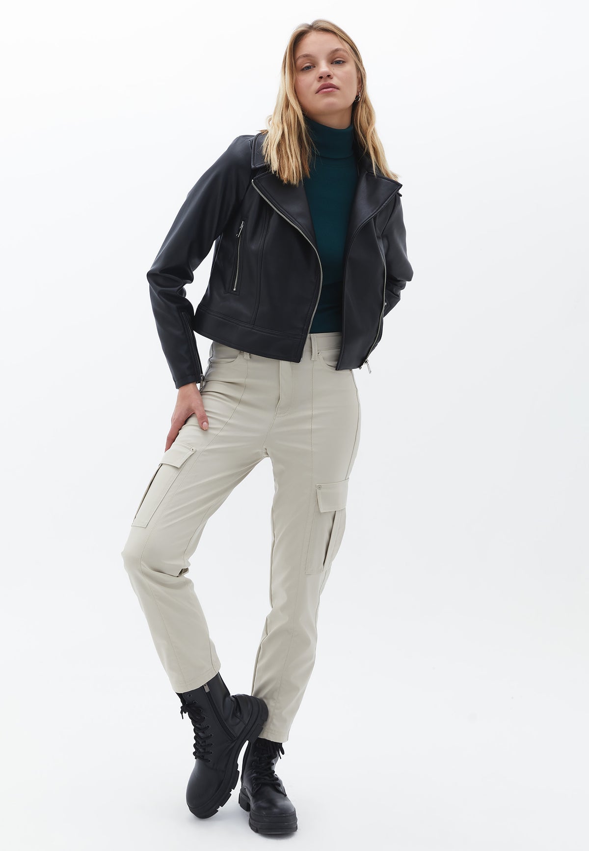 Asymmetric Collar Zipper Detailed Leather Jacket - BLACK
