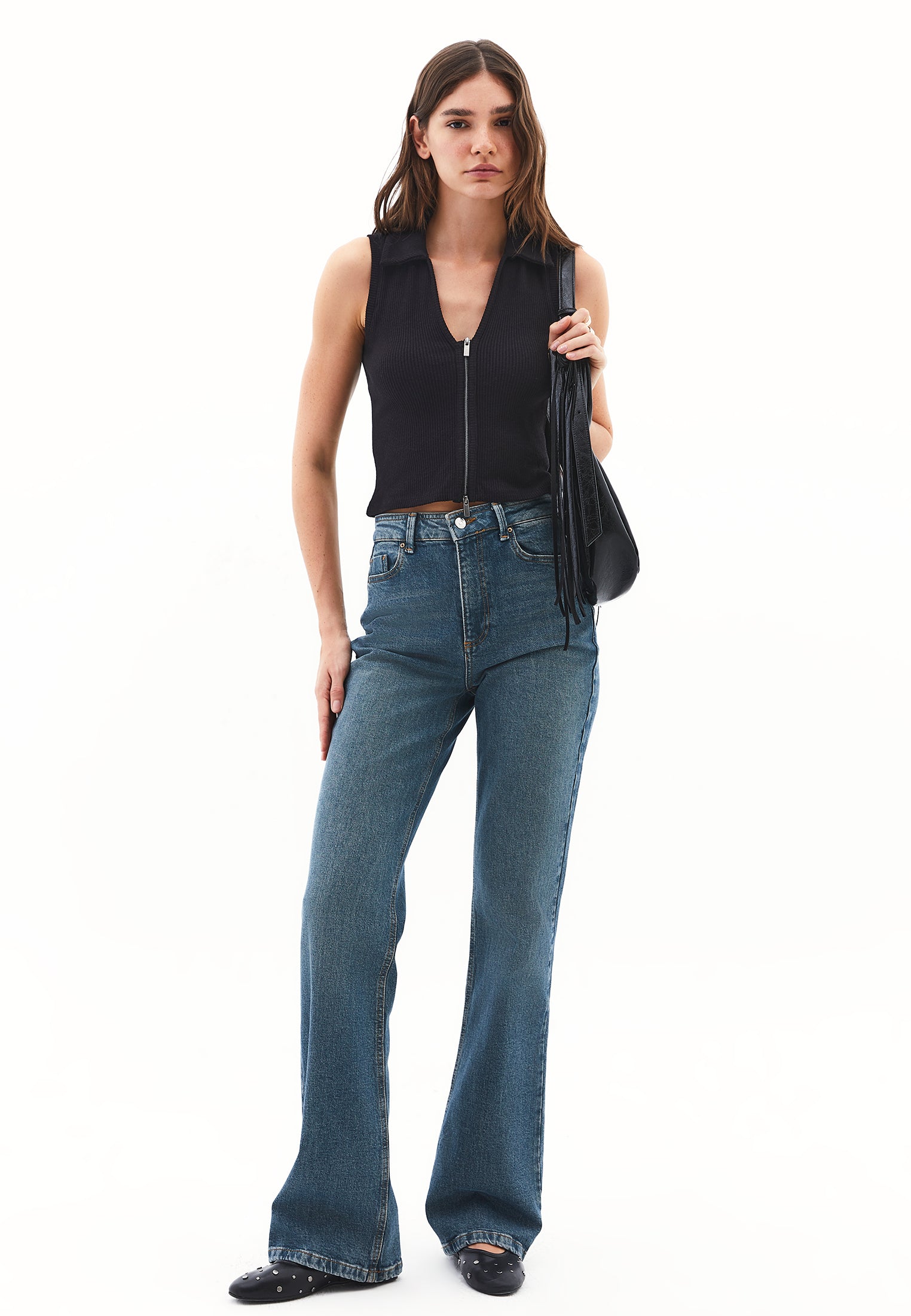 Polo Collar Zip Detailed Tank Top - BLACK