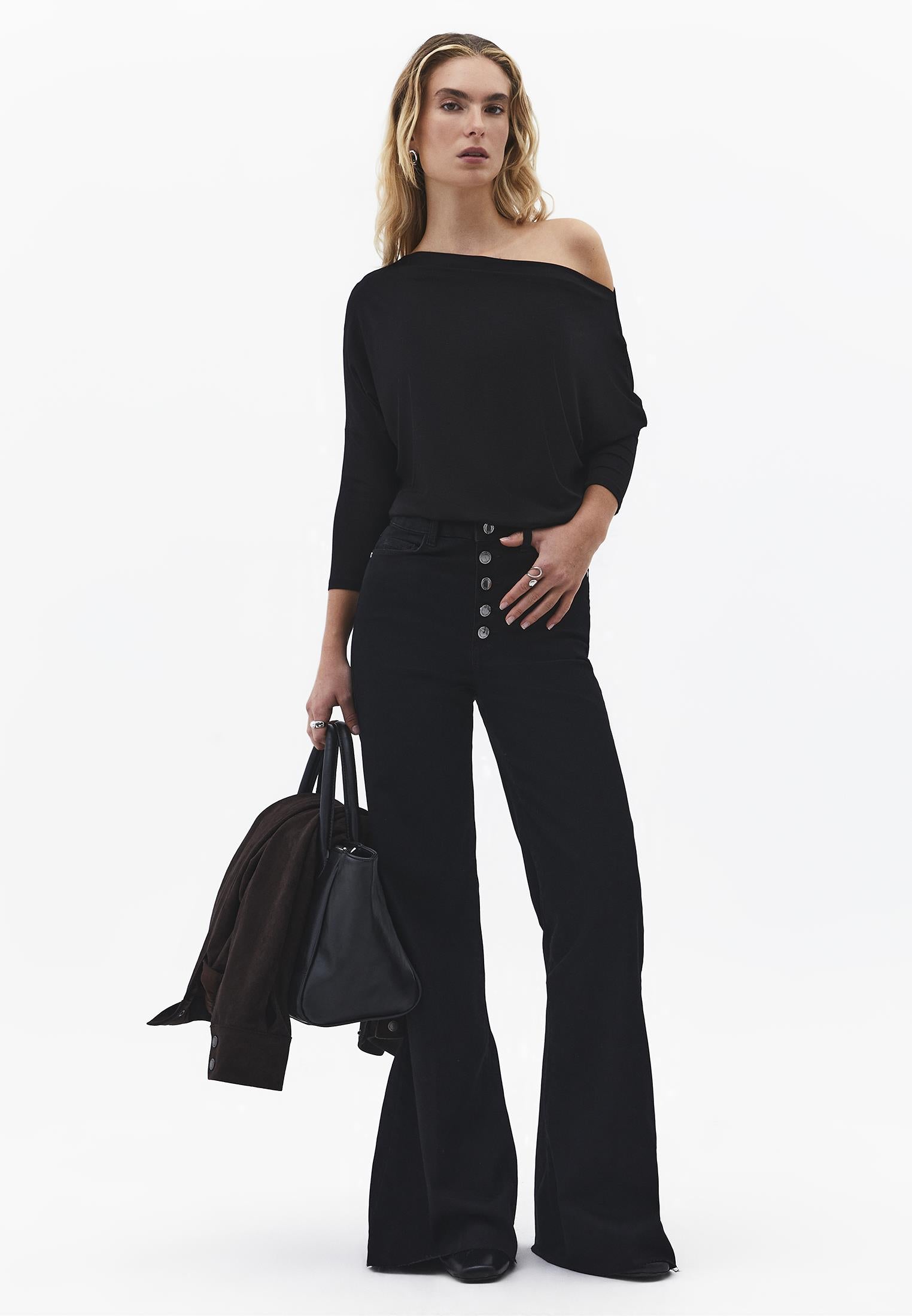 Asymmetric Neck Batwing Sleeve T-Shirt - BLACK