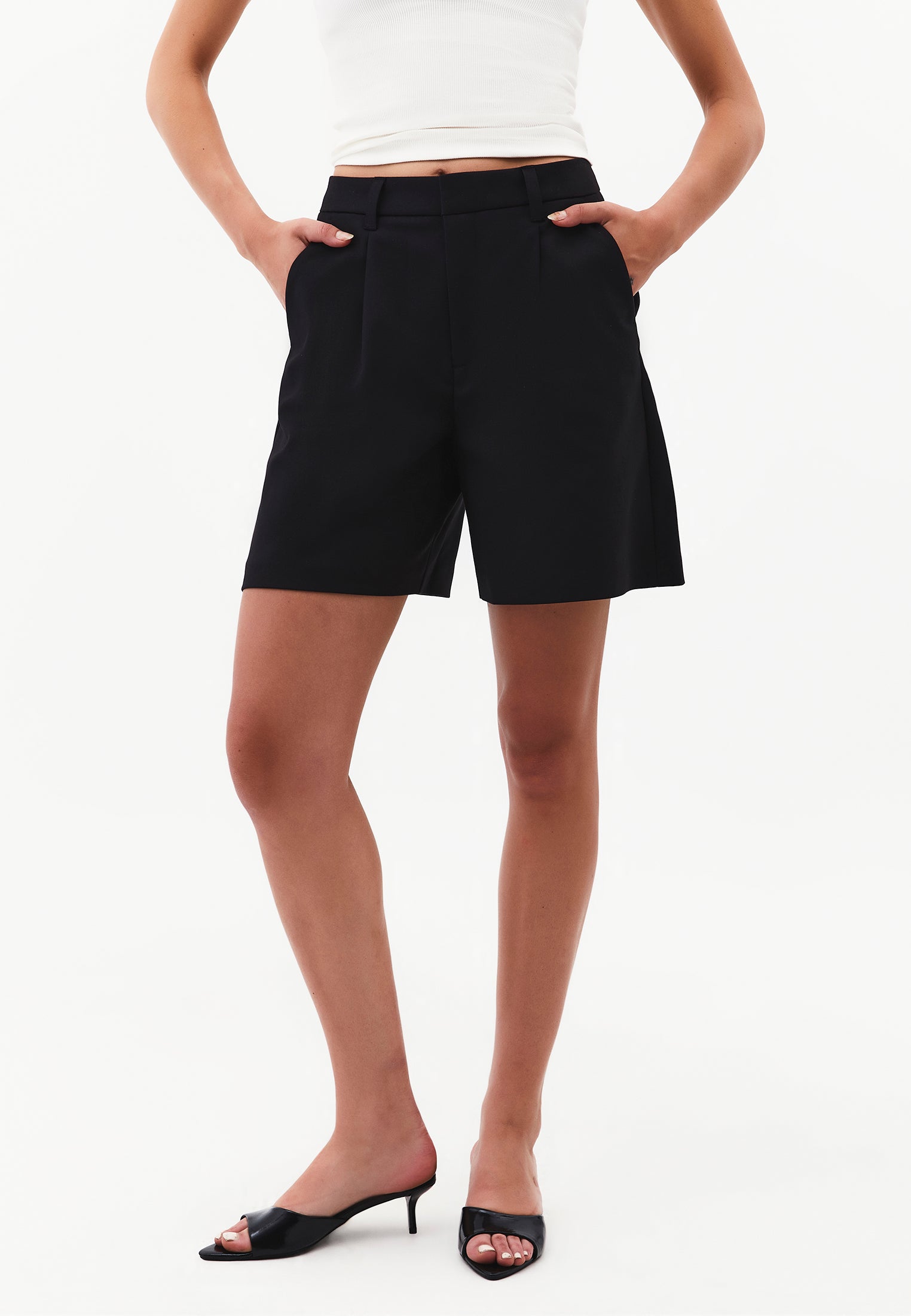 High Waist Shorts with Pleated Details - BLACK