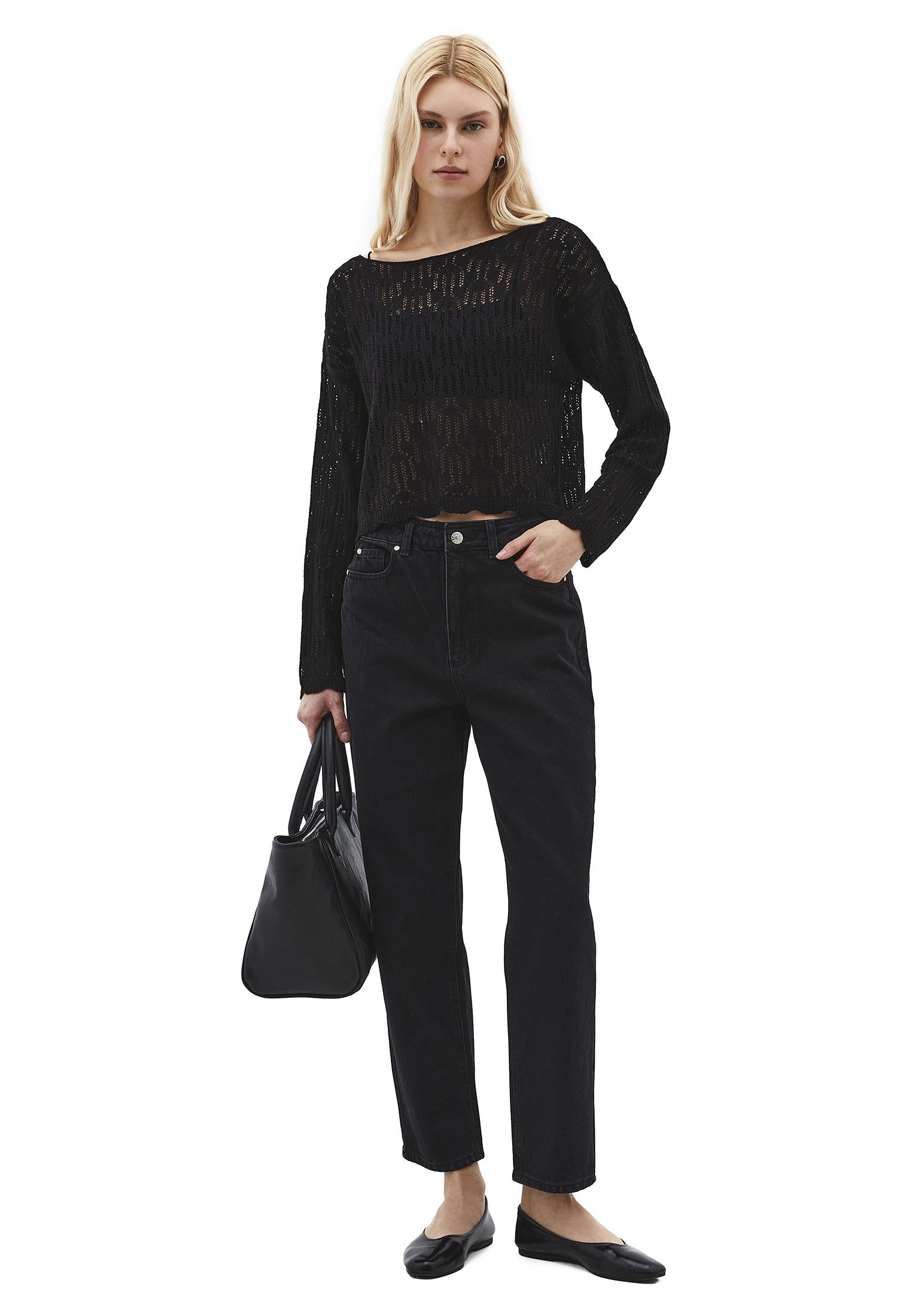 Openwork Boat Neck Sweater - BLACK