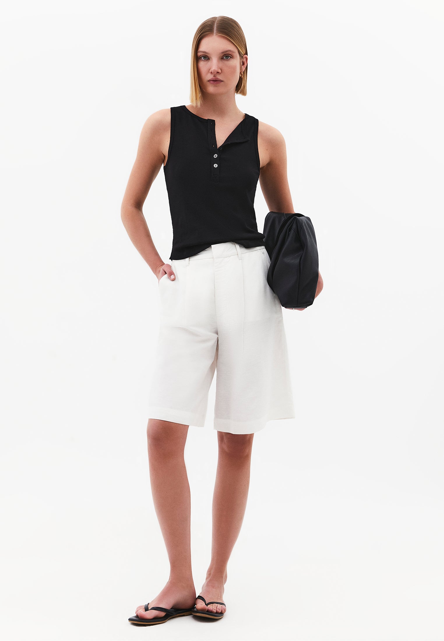Crew Neck Button Detailed Tank Top - BLACK