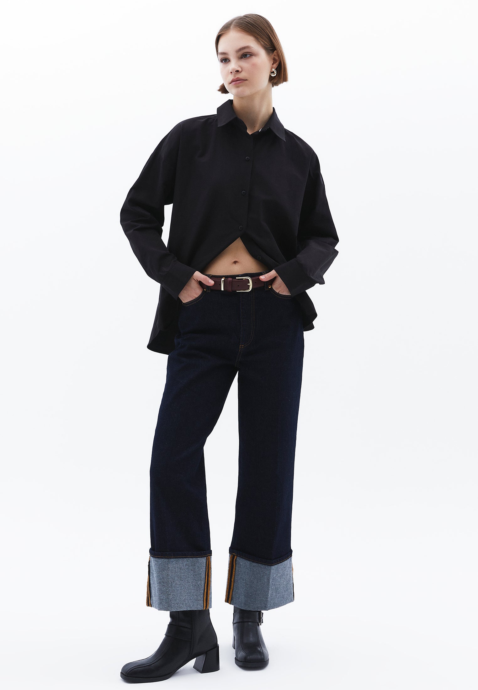 Shirt Collar Loose Woven Shirt - BLACK