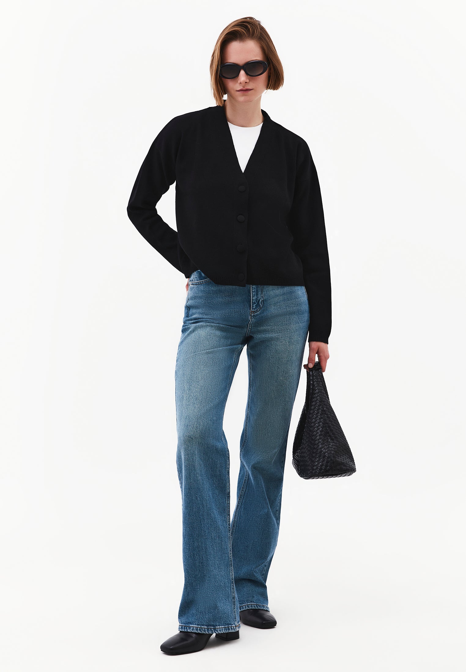 V-Neck Long Sleeve Cardigan - BLACK