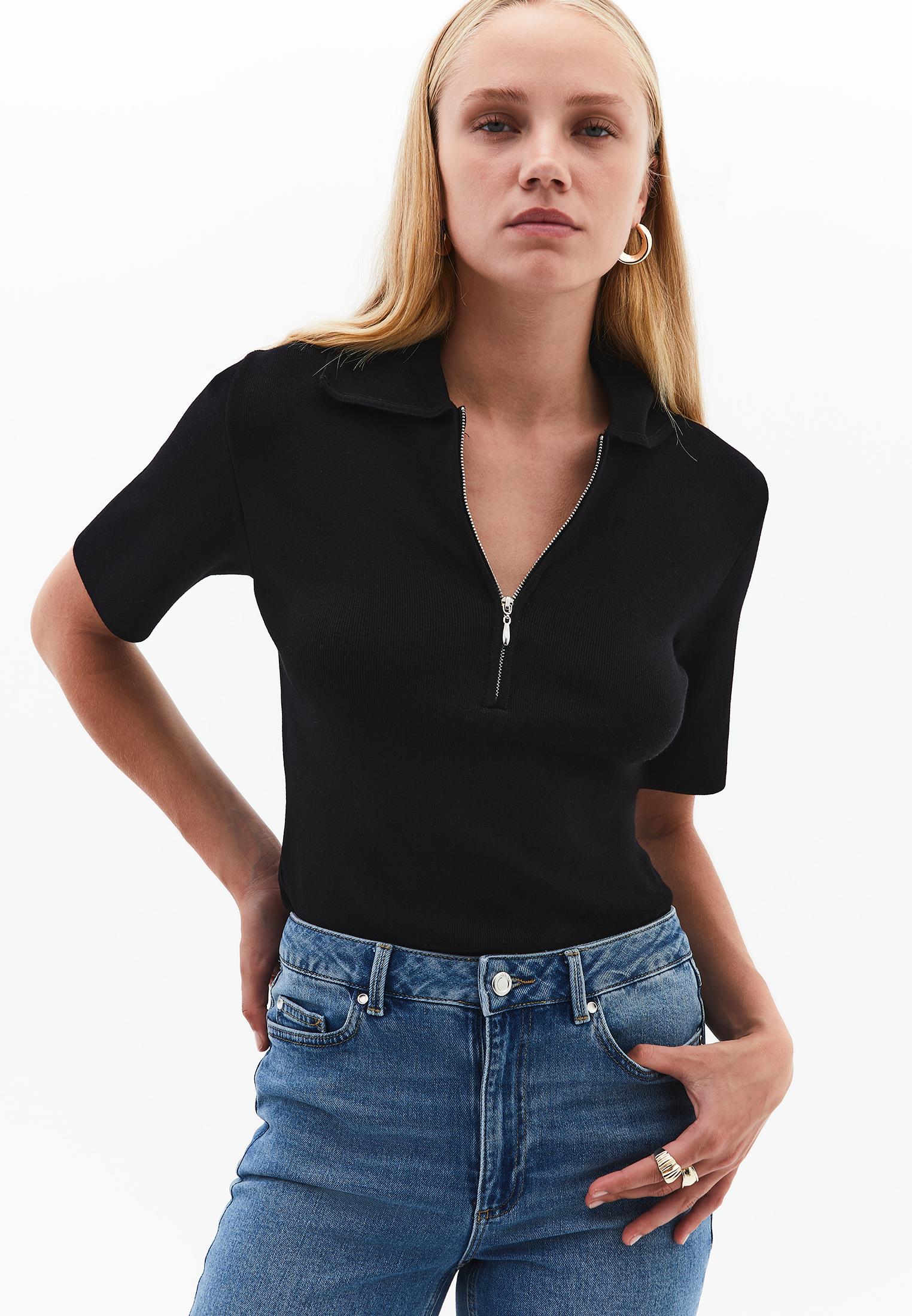 Polo Collar Zipper Detailed Standard T-Shirt - BLACK