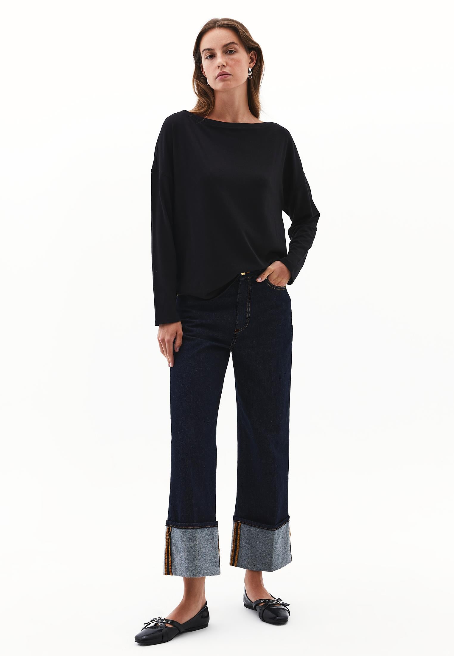Boat Neck Loose Knit Look Sweater - BLACK