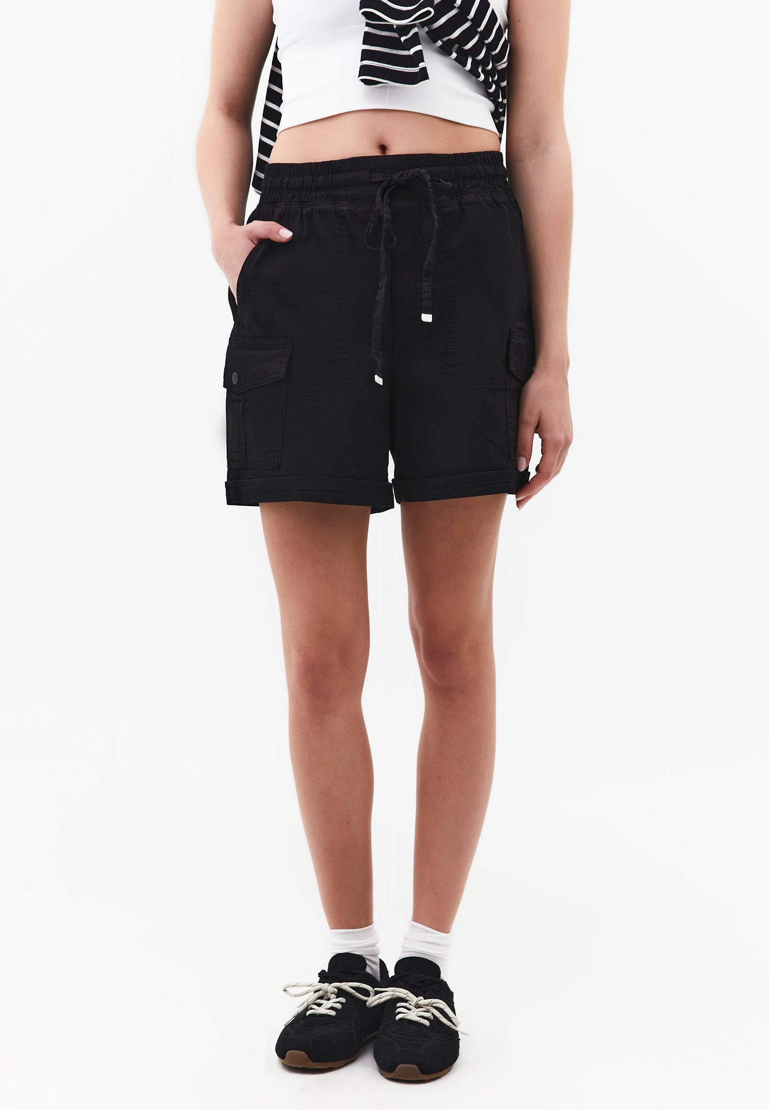 Ultra High Waist Shorts With Elastic Waist, Tie Belt And Pockets - BLACK
