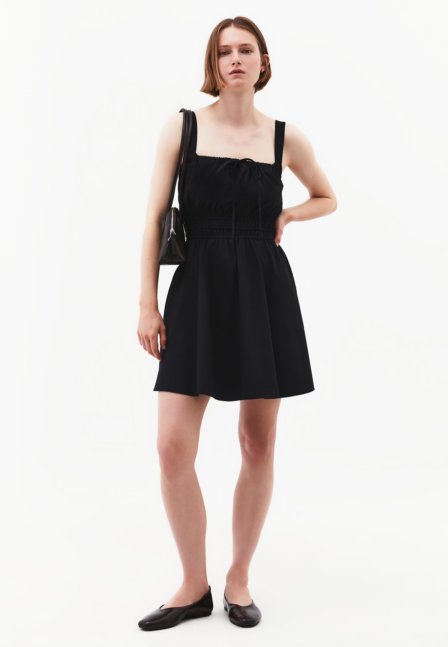 Strappy Square Neckline Short Dress With Bow And Gathered Details - BLACK