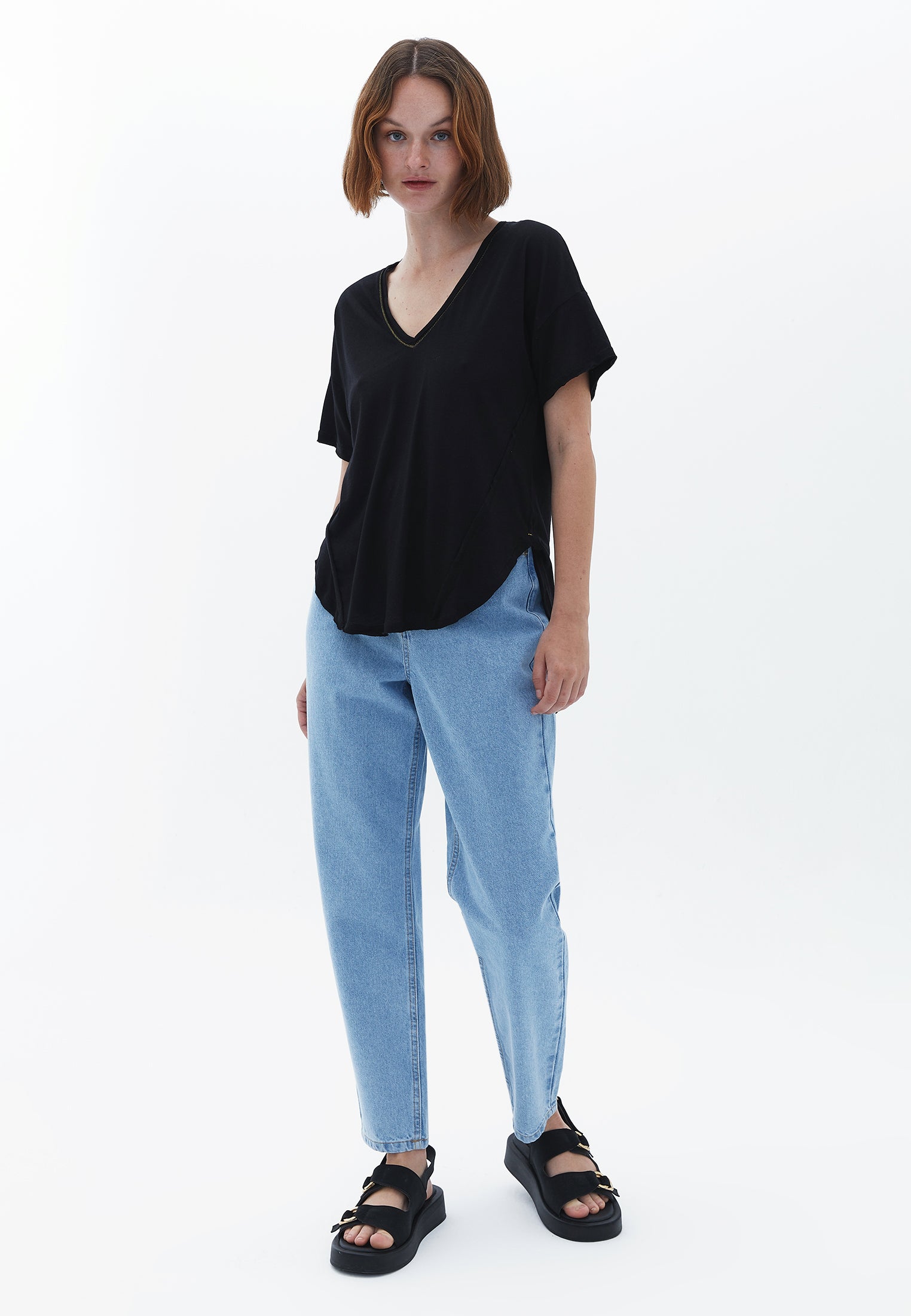 V Neck Short Sleeve T-Shirt - BLACK