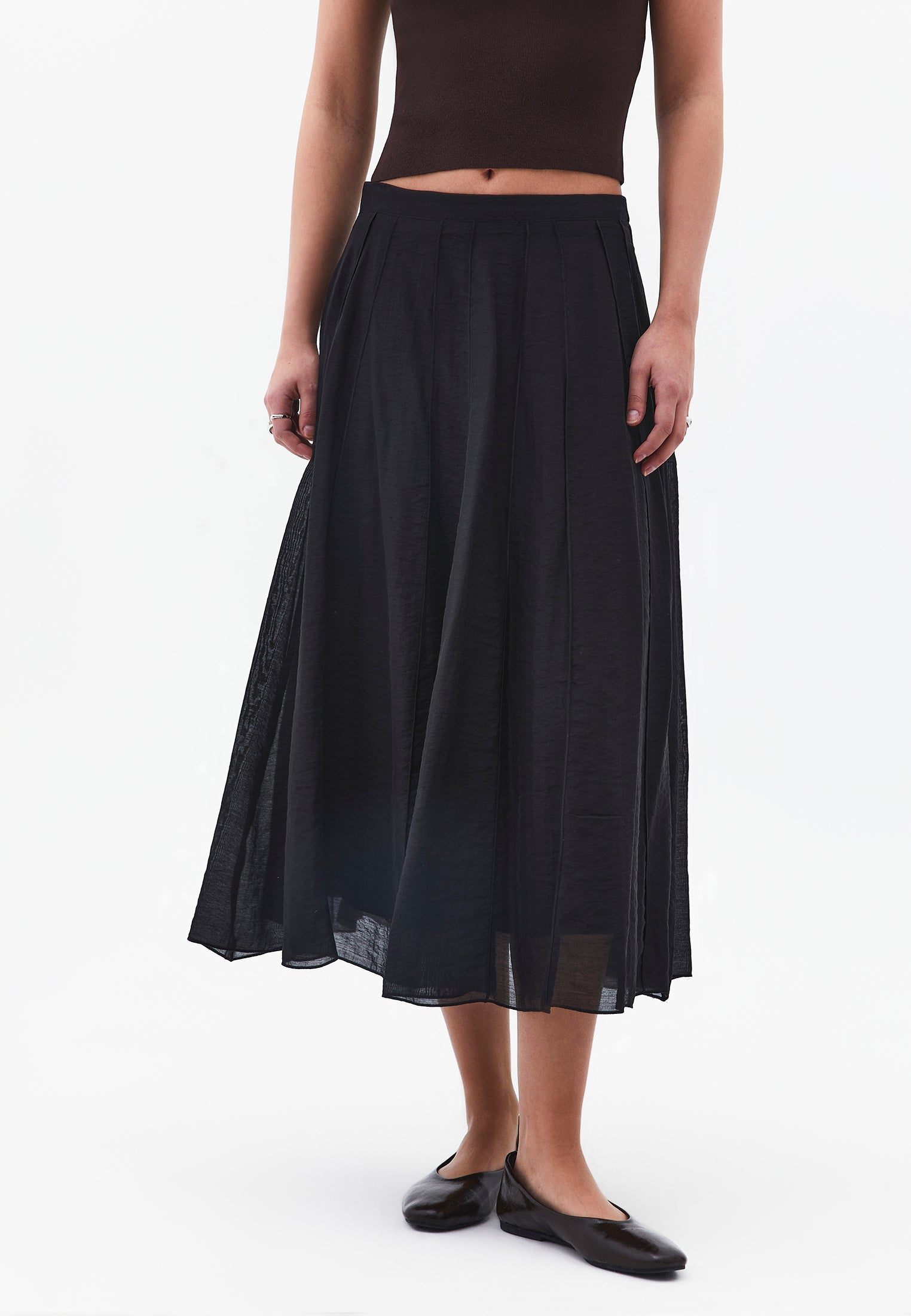 High Waist Flared Midi Skirt - BLACK