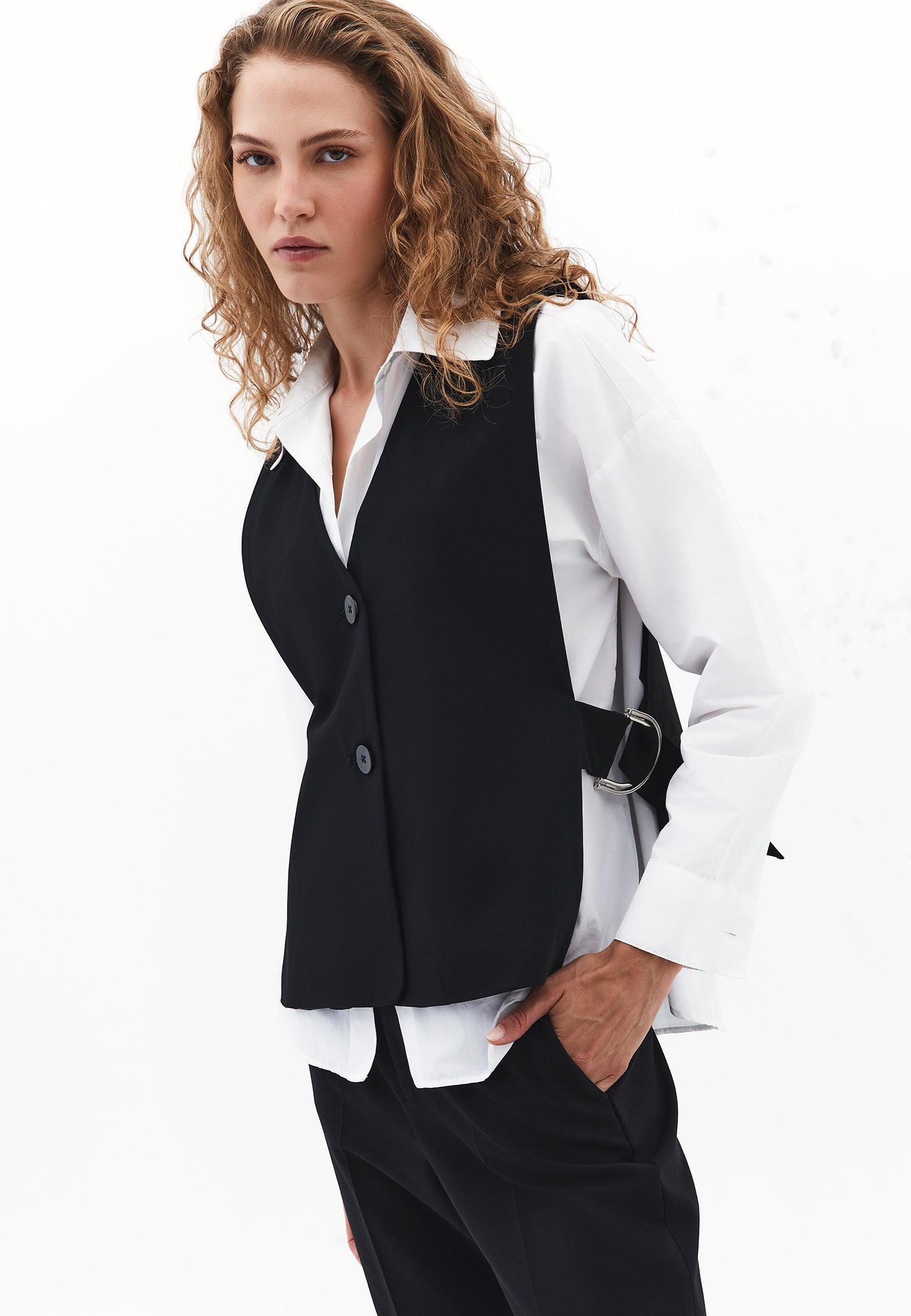 Vest With Buckle Detail V Neck - BLACK