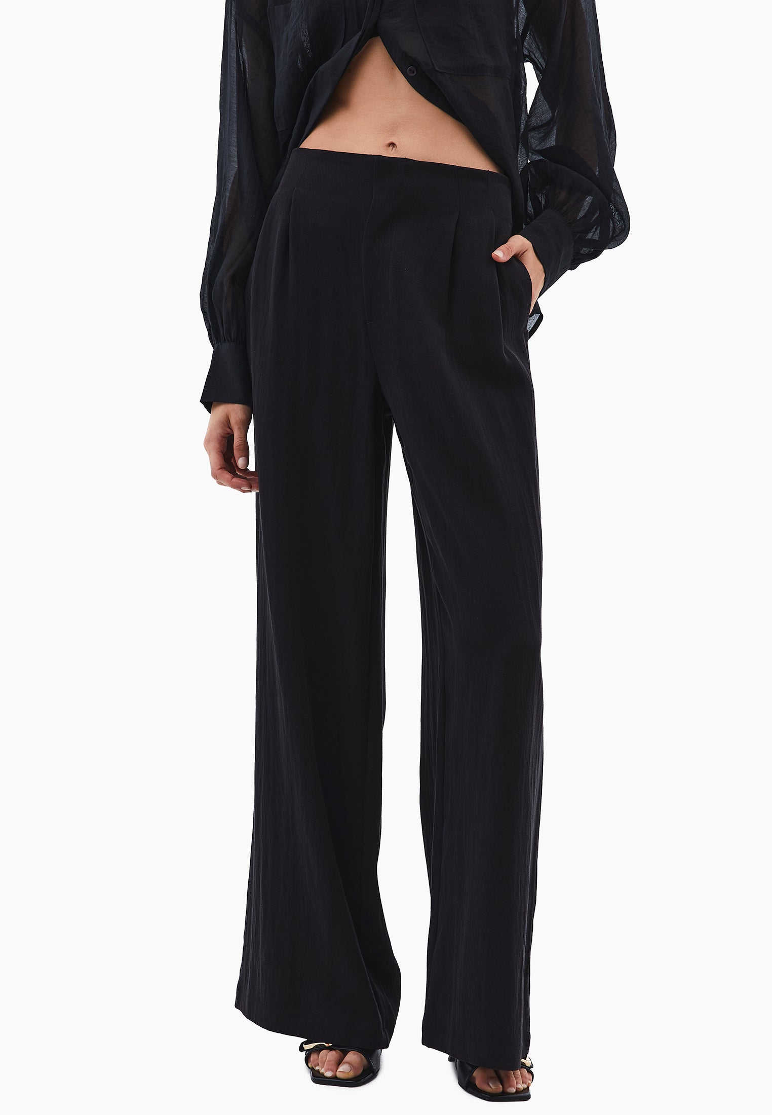 Ultra High Waist Wide Leg Pleated Pants - BLACK