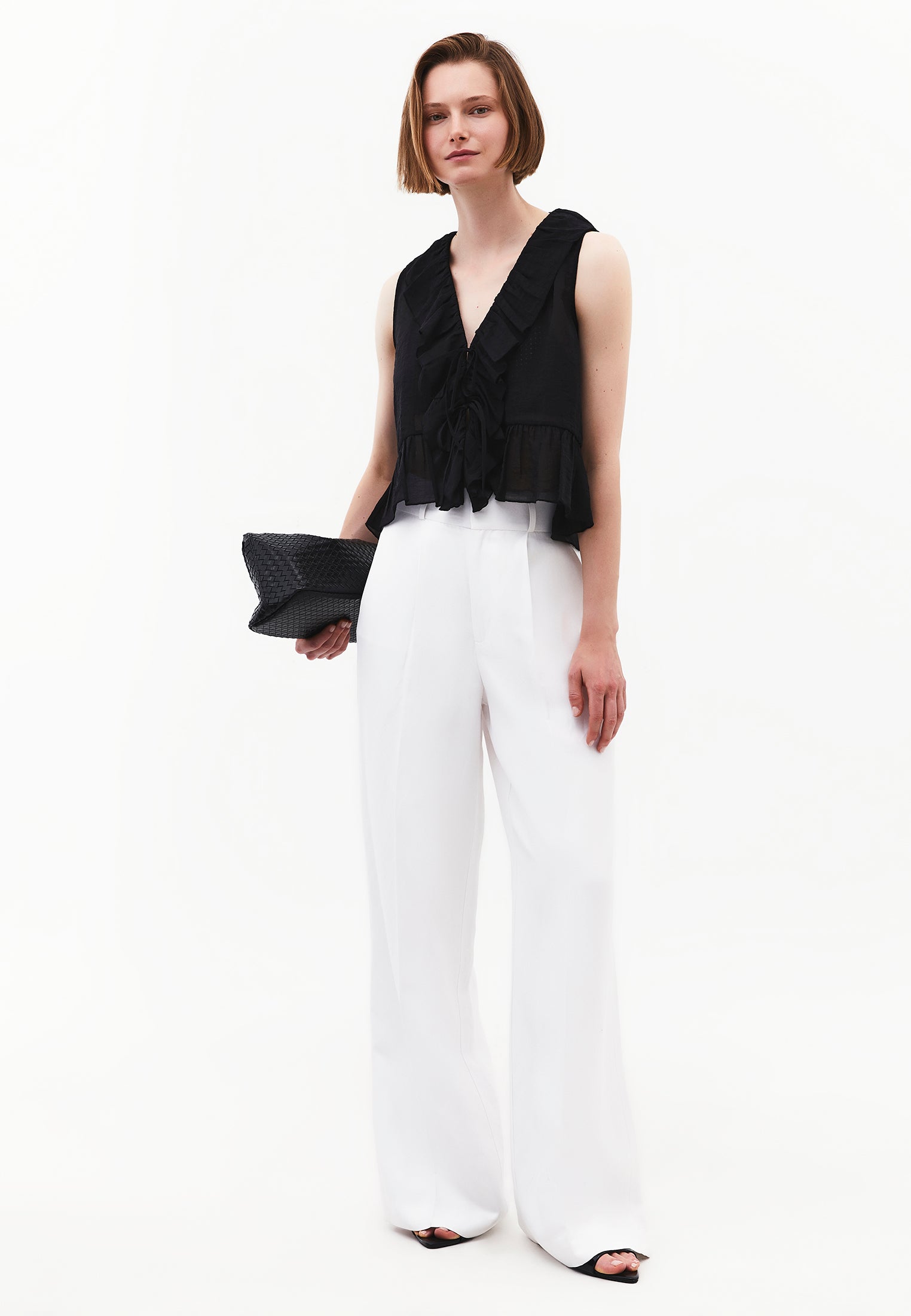 Sleeveless Blouse With Ruffle Detail And V Neckline - BLACK