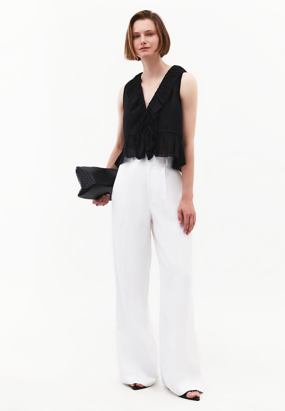 Sleeveless Blouse With Ruffle Detail And V Neckline - BLACK