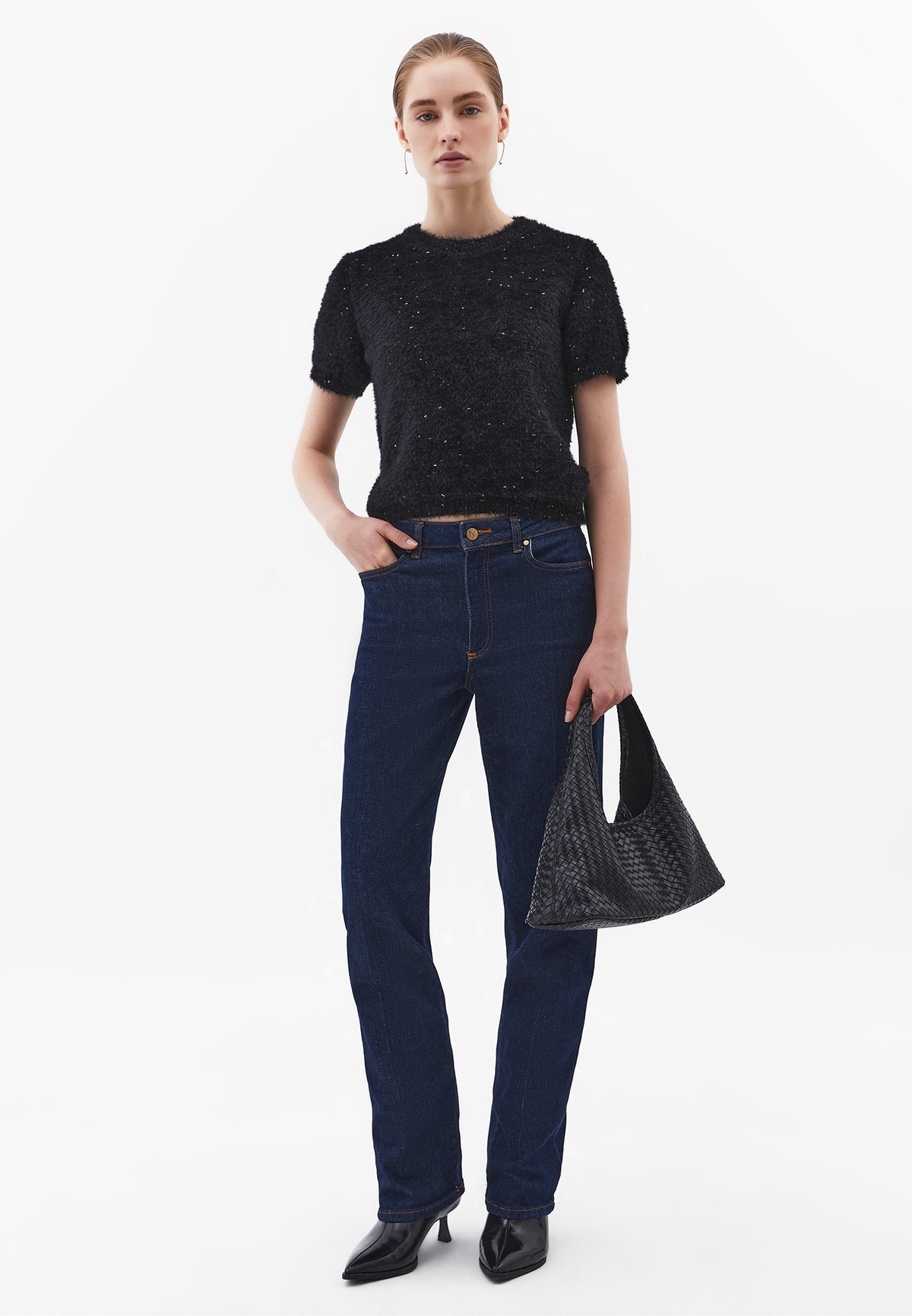 Short Sleeve Crew Neck Knit Sweater - BLACK