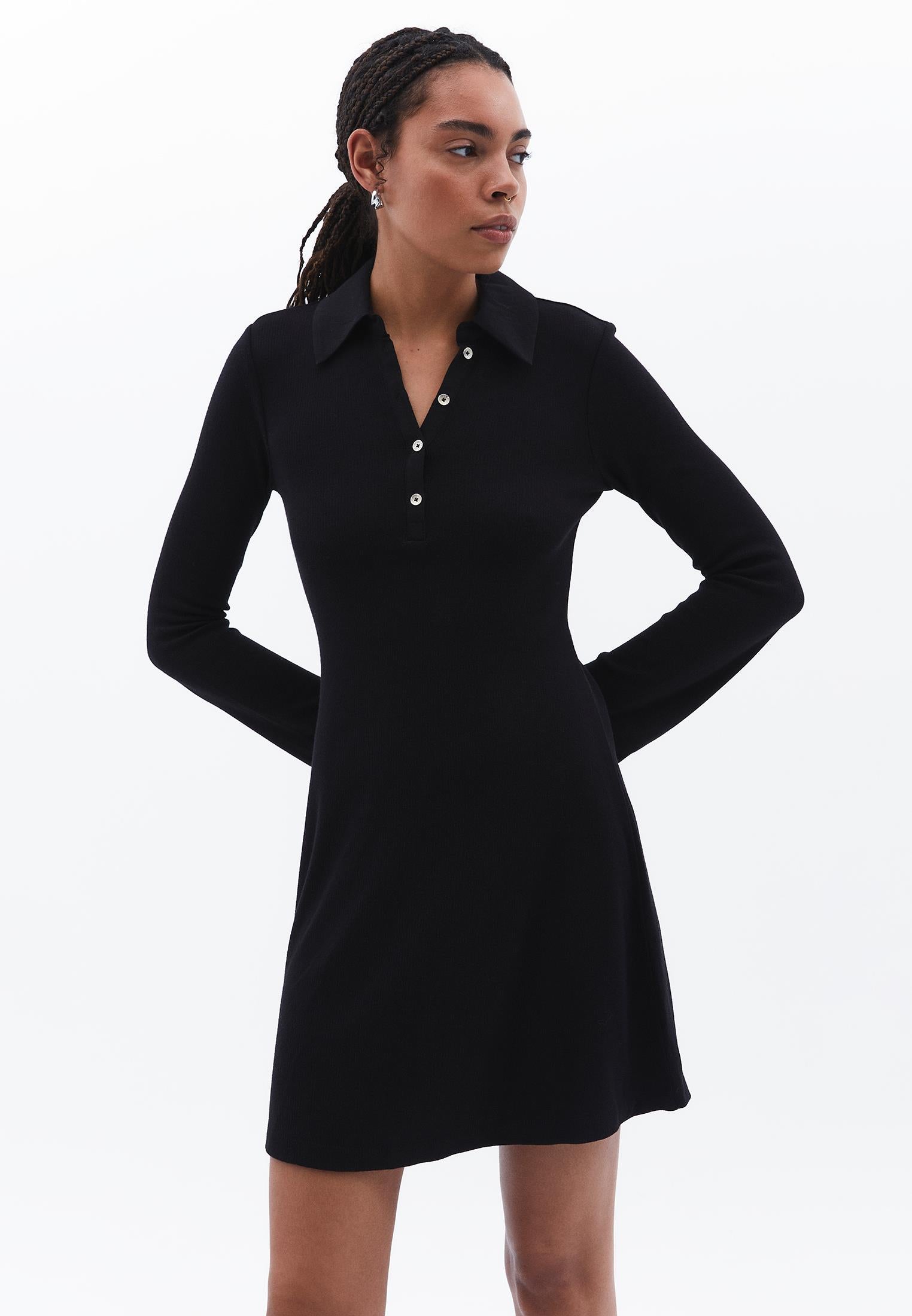 Polo Neck Long Sleeve Short Dress - BLACK
