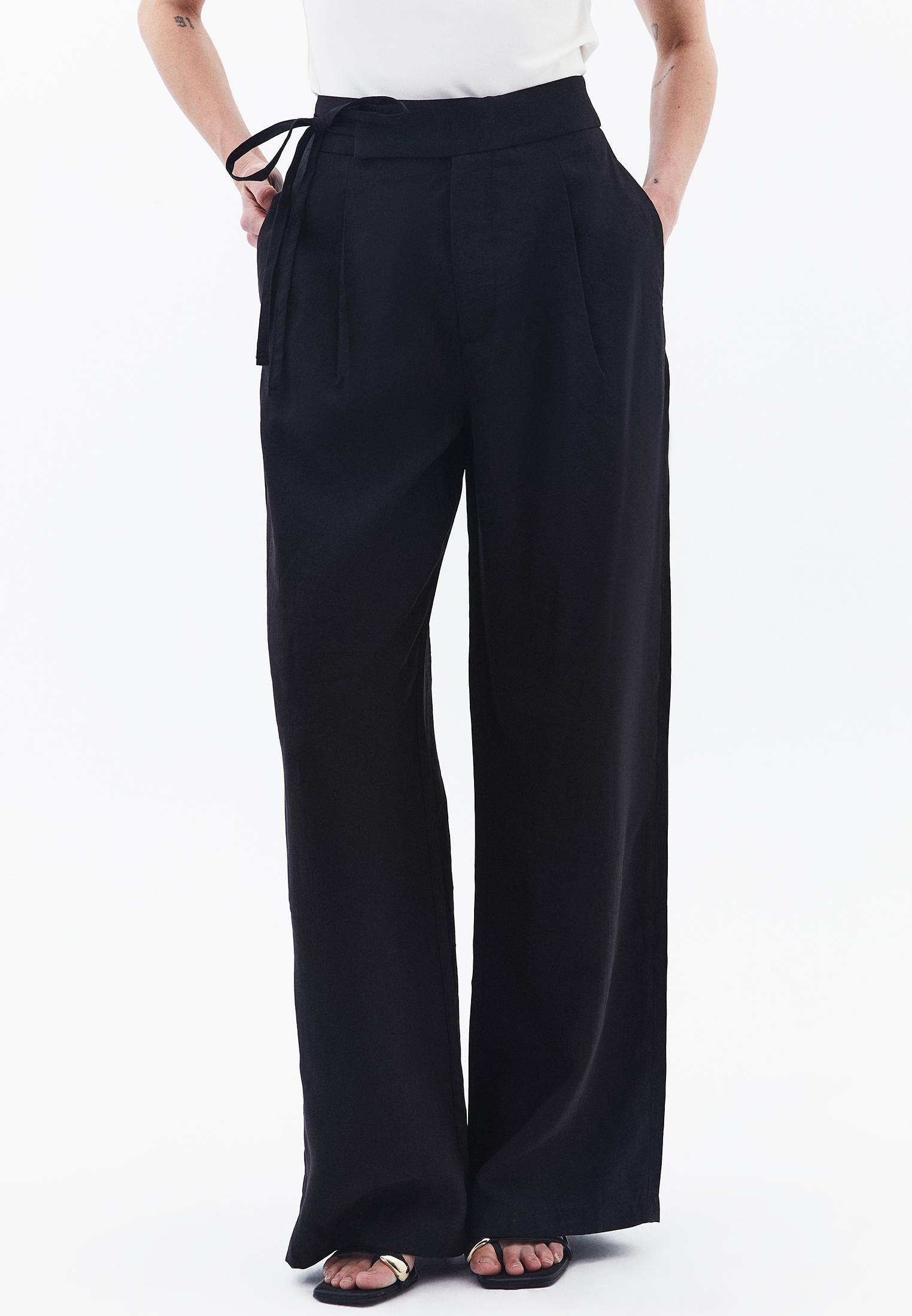 Ultra High Waist Belted Straight Leg Pants - BLACK