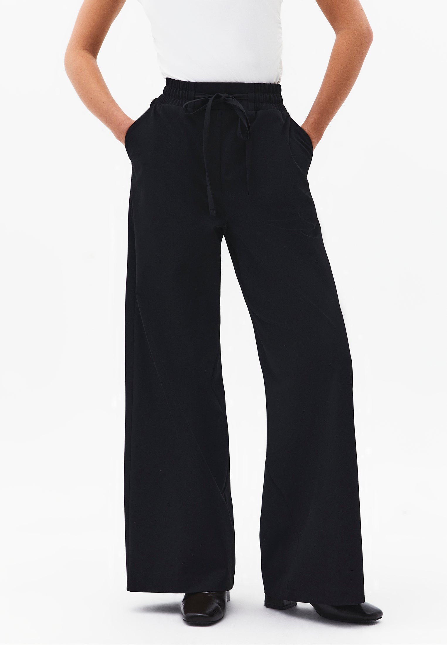 Wide Leg High Waist Elastic Waistband Pants - BLACK