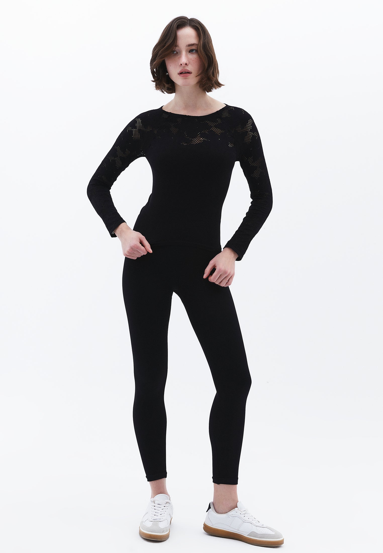 Jacquard Boat Neck Bodycon T-Shirt Long Sleeve - BLACK
