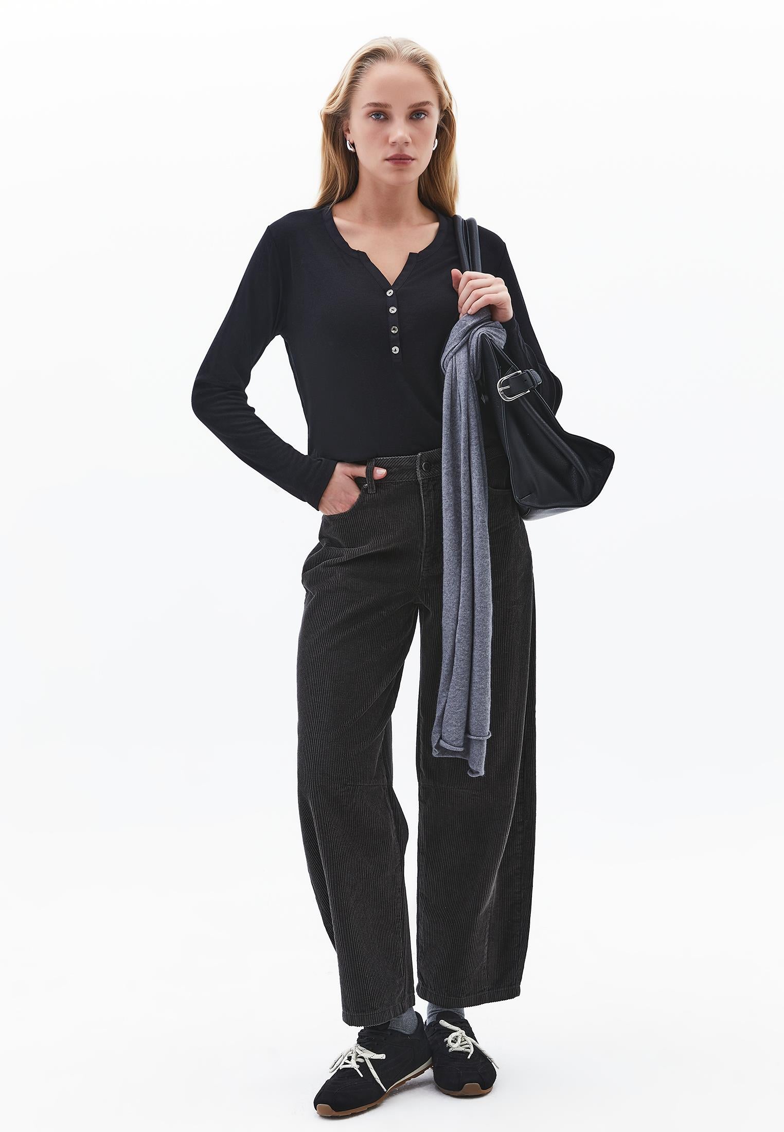 Polo Collar Buttoned T-Shirt - BLACK