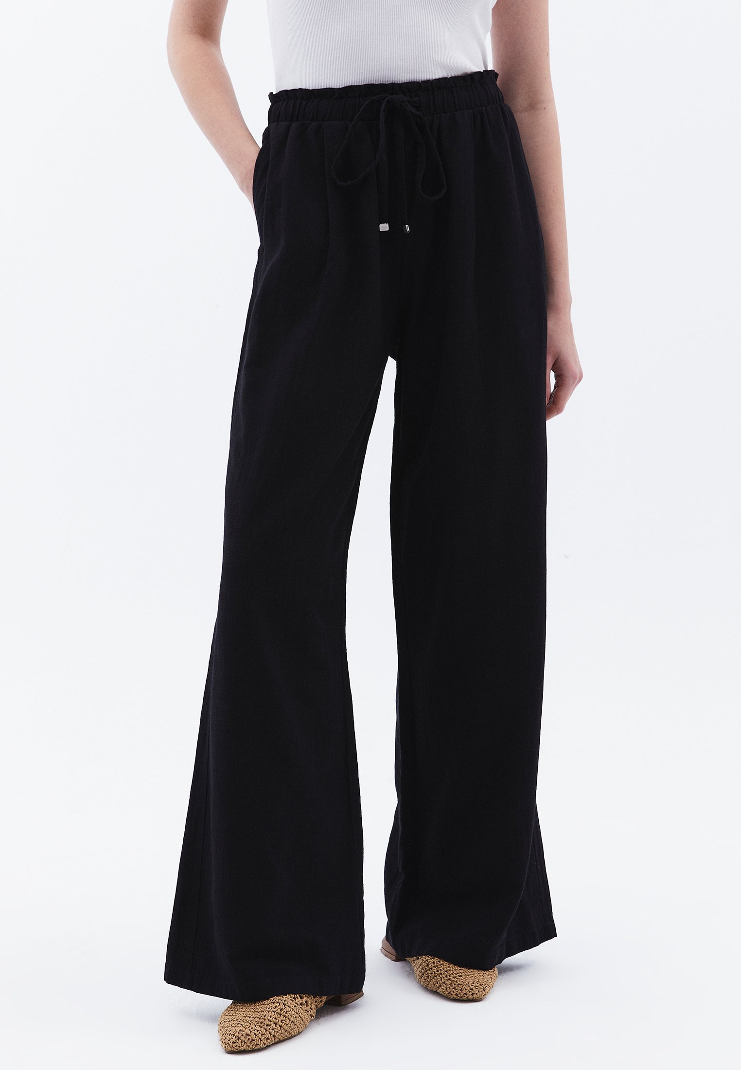 Wide Leg High Waist Pants - BLACK
