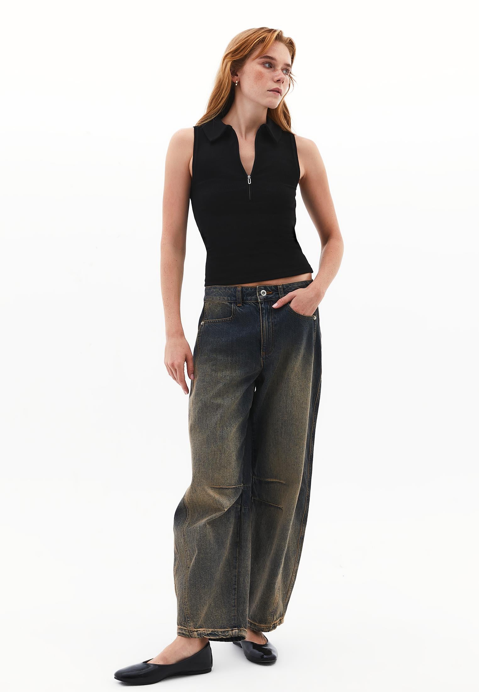 Zip Detailed Polo Collar Tank Top - BLACK