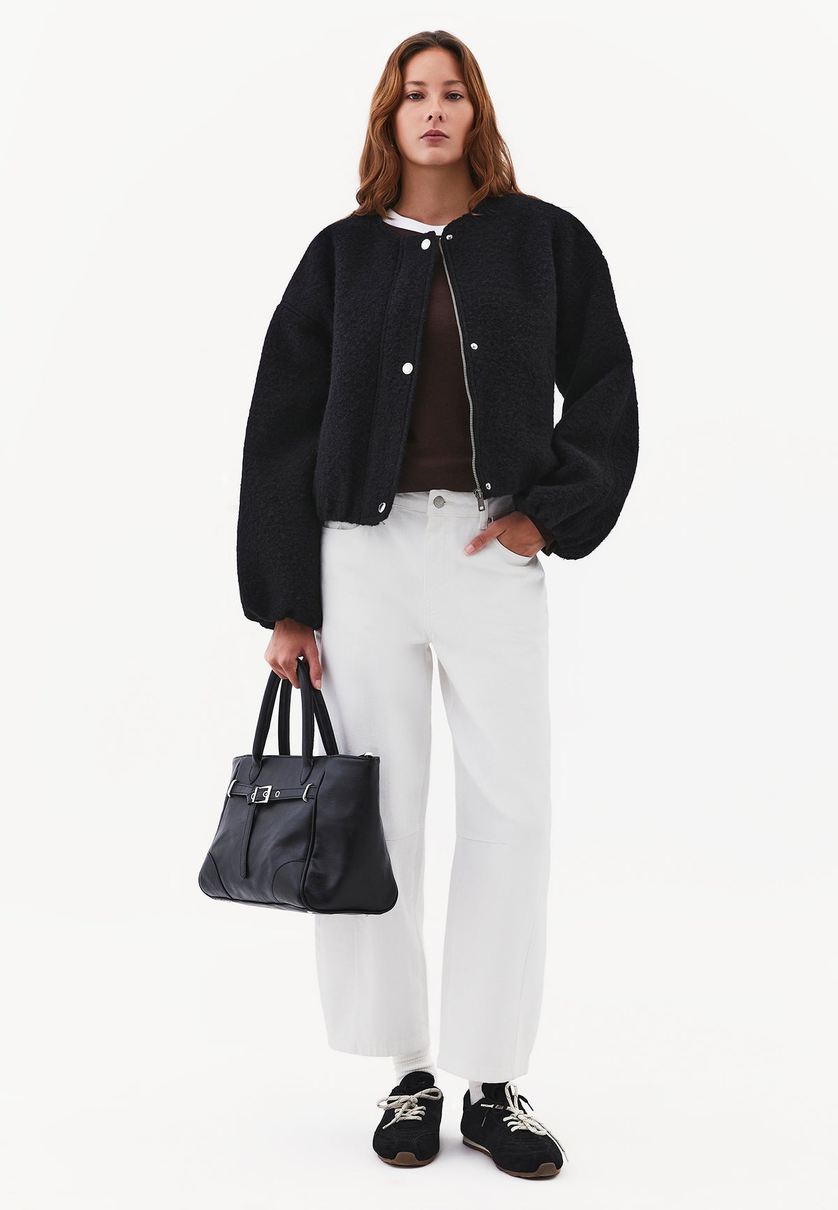 Balloon Sleeve Short Knitted Jacket - BLACK
