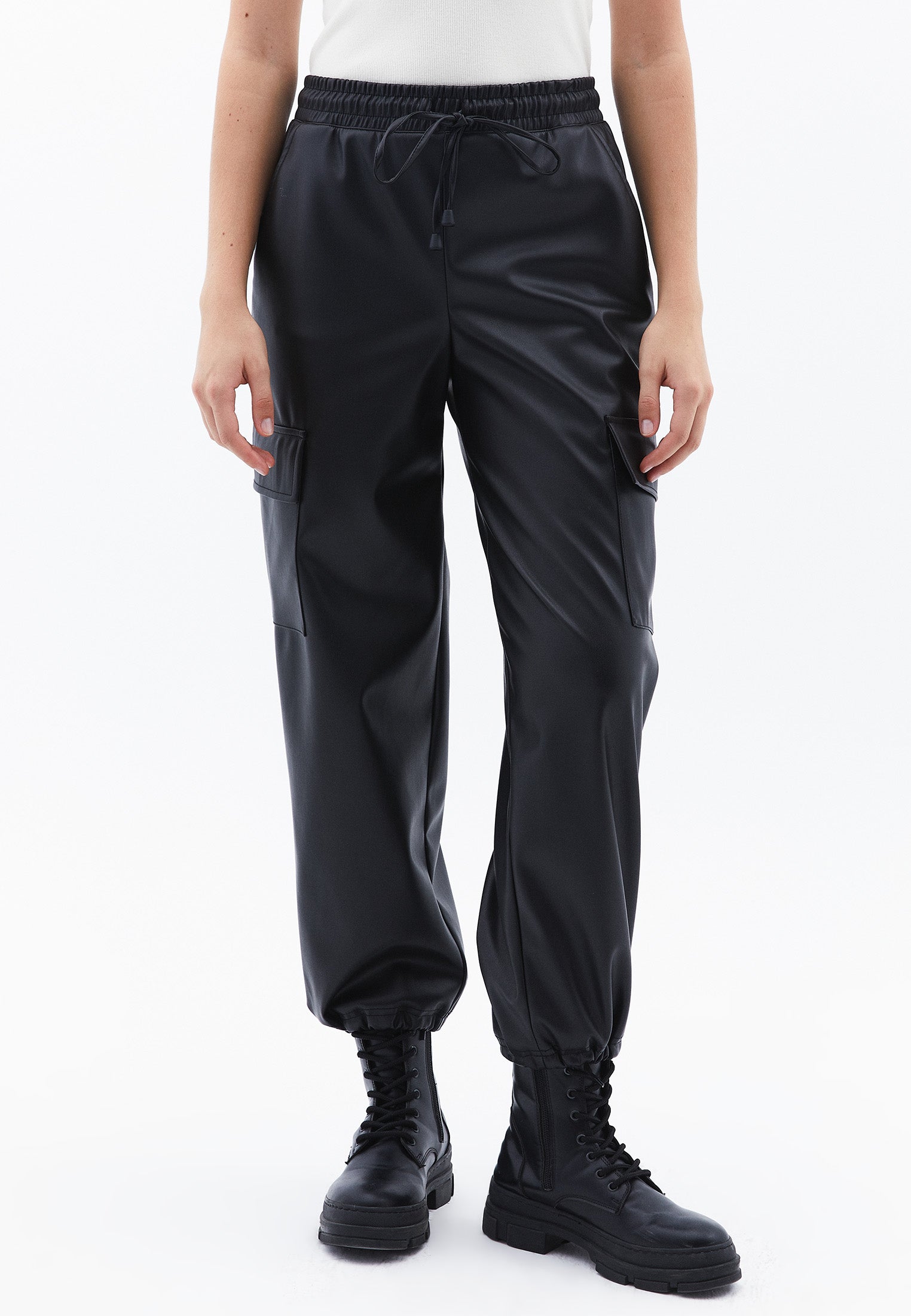 Jogger High Waist Leather Pants - BLACK