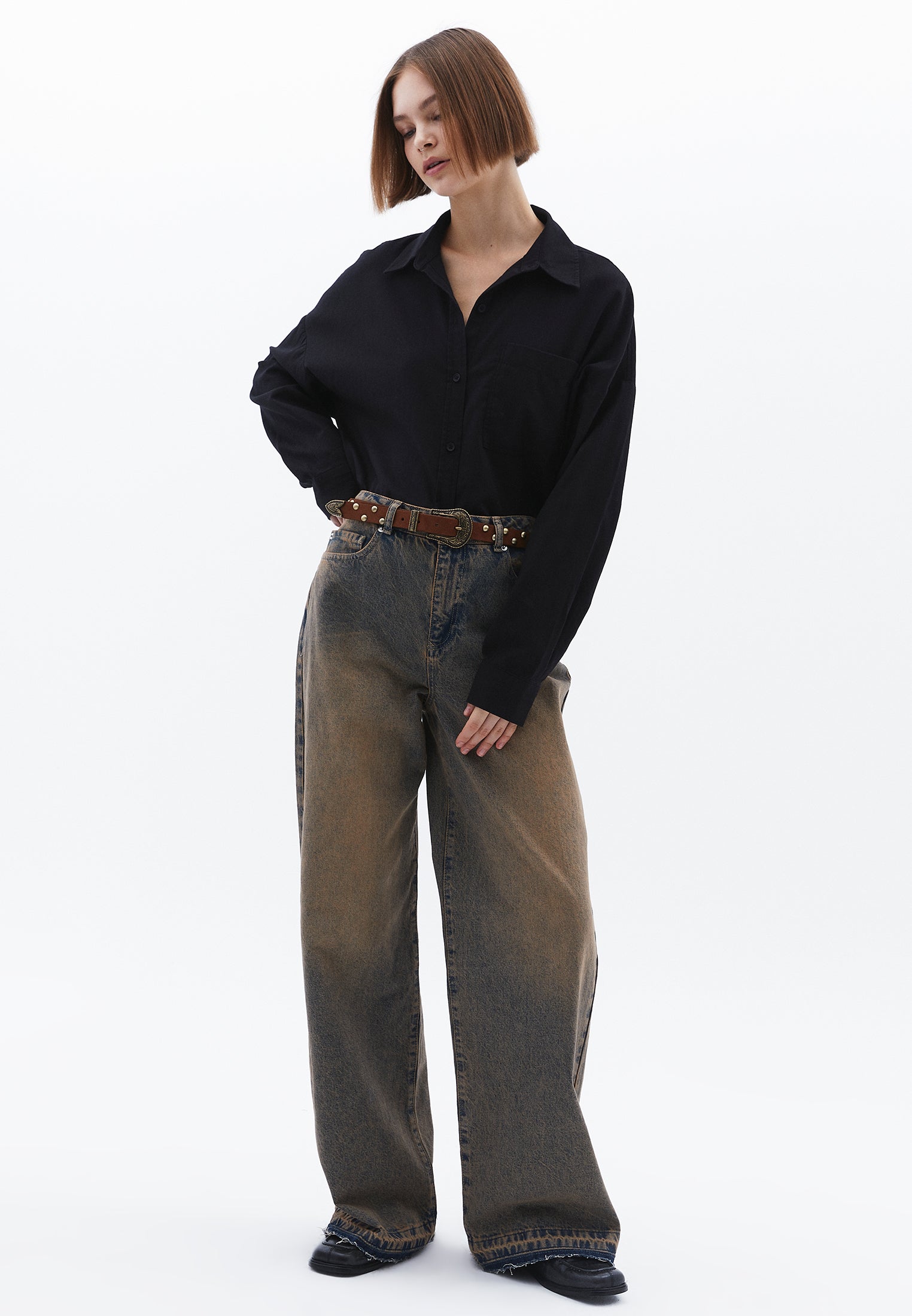 Shirt Collar Buttoned Oversize Long Sleeve Shirt - BLACK