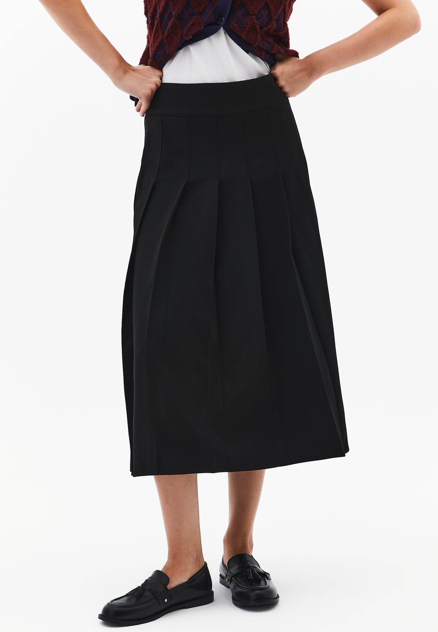 Long Pleated A-Line Skirt - BLACK