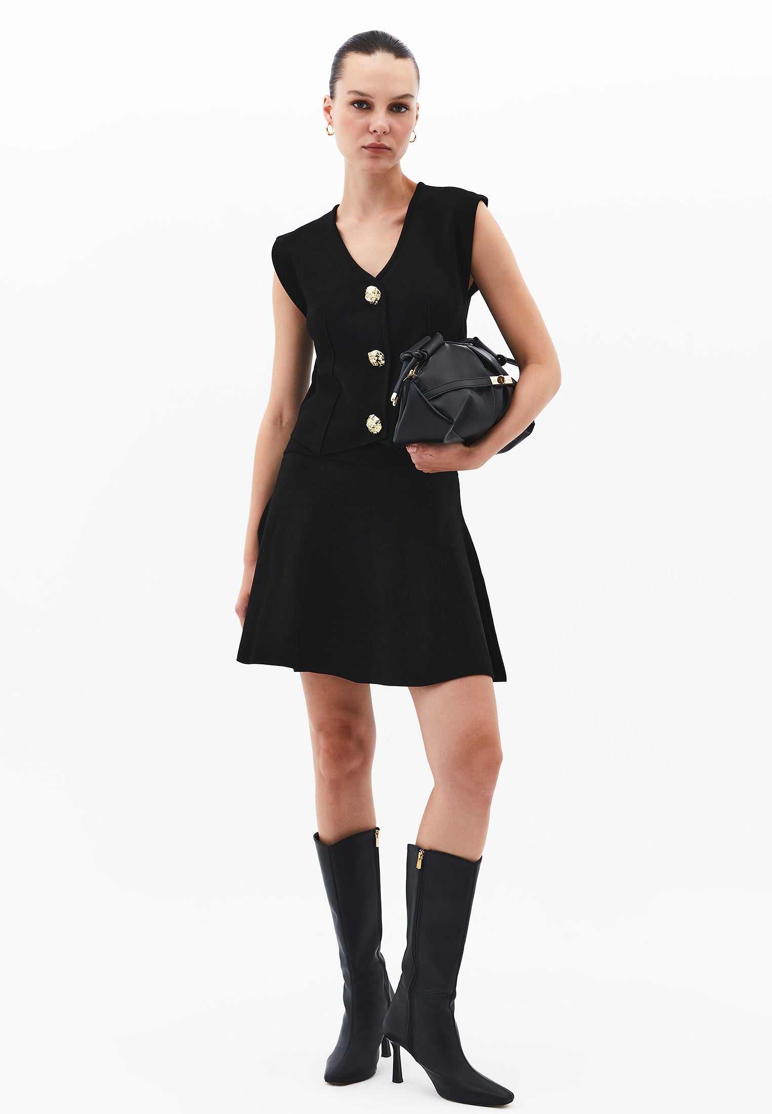 Midi Relaxed Fit Button Detailed Vest - BLACK