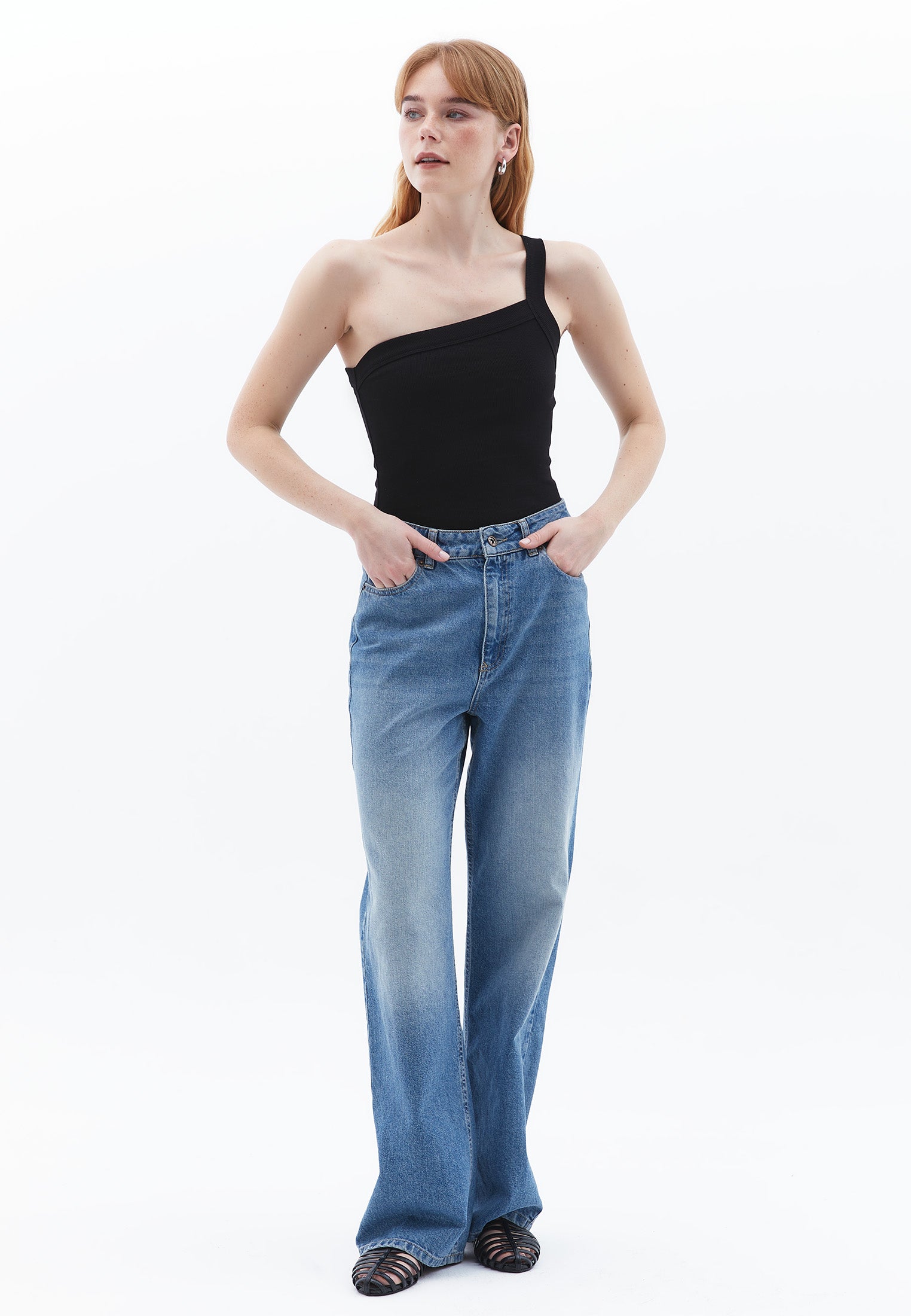 One Shoulder Asymmetric Tank Top - BLACK