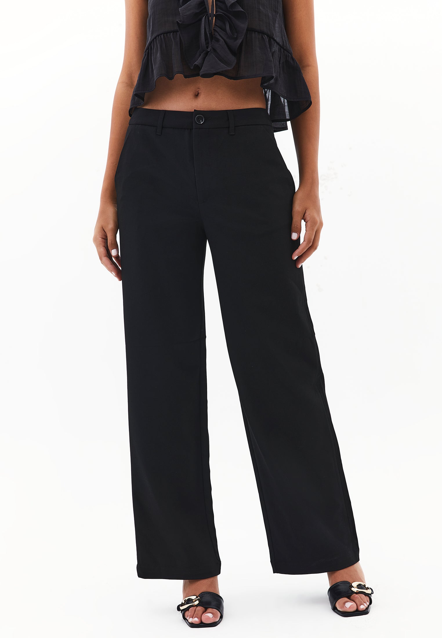 Straight Leg Buttoned Pants - BLACK