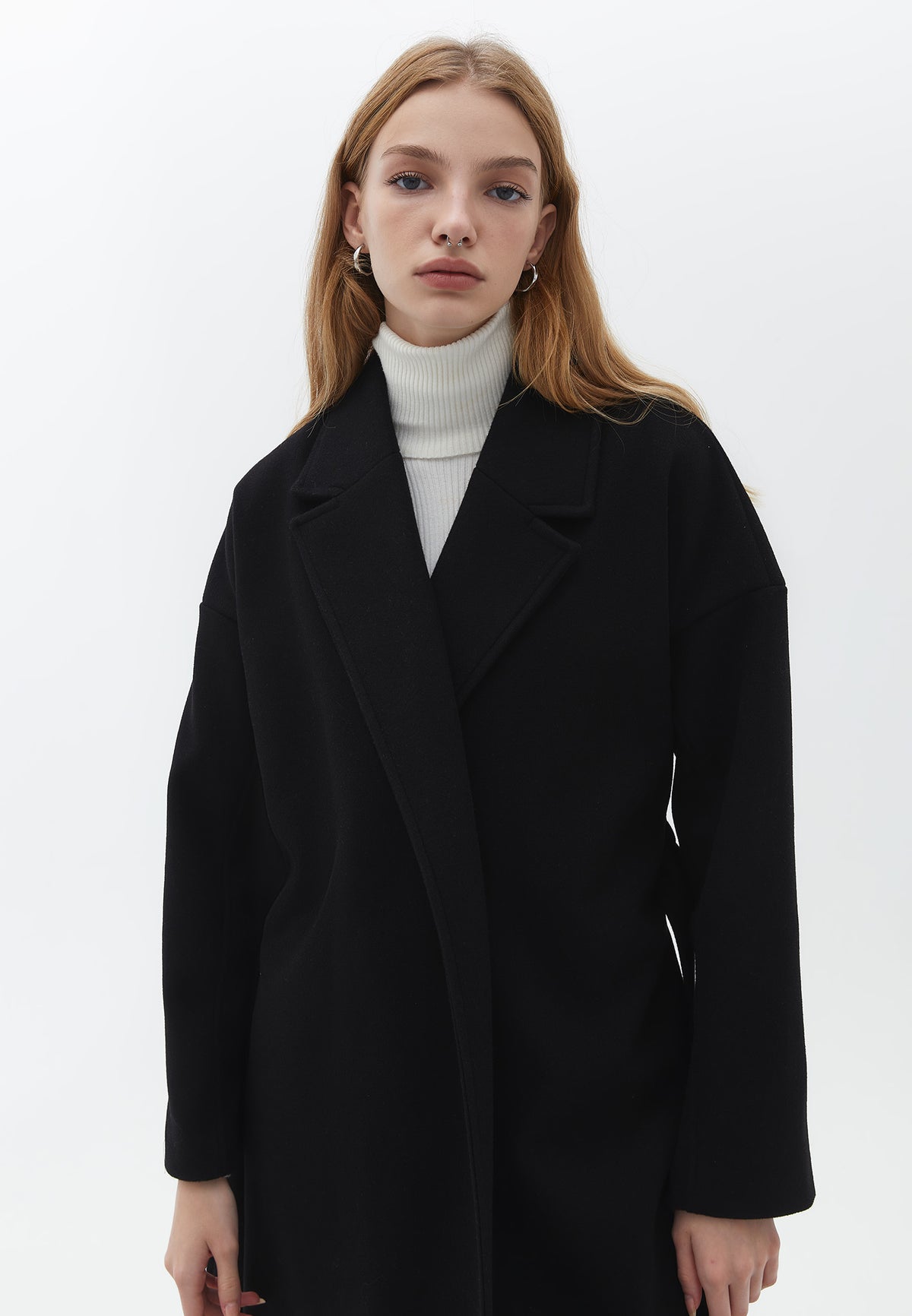 Oversize Belted Long Coat - BLACK